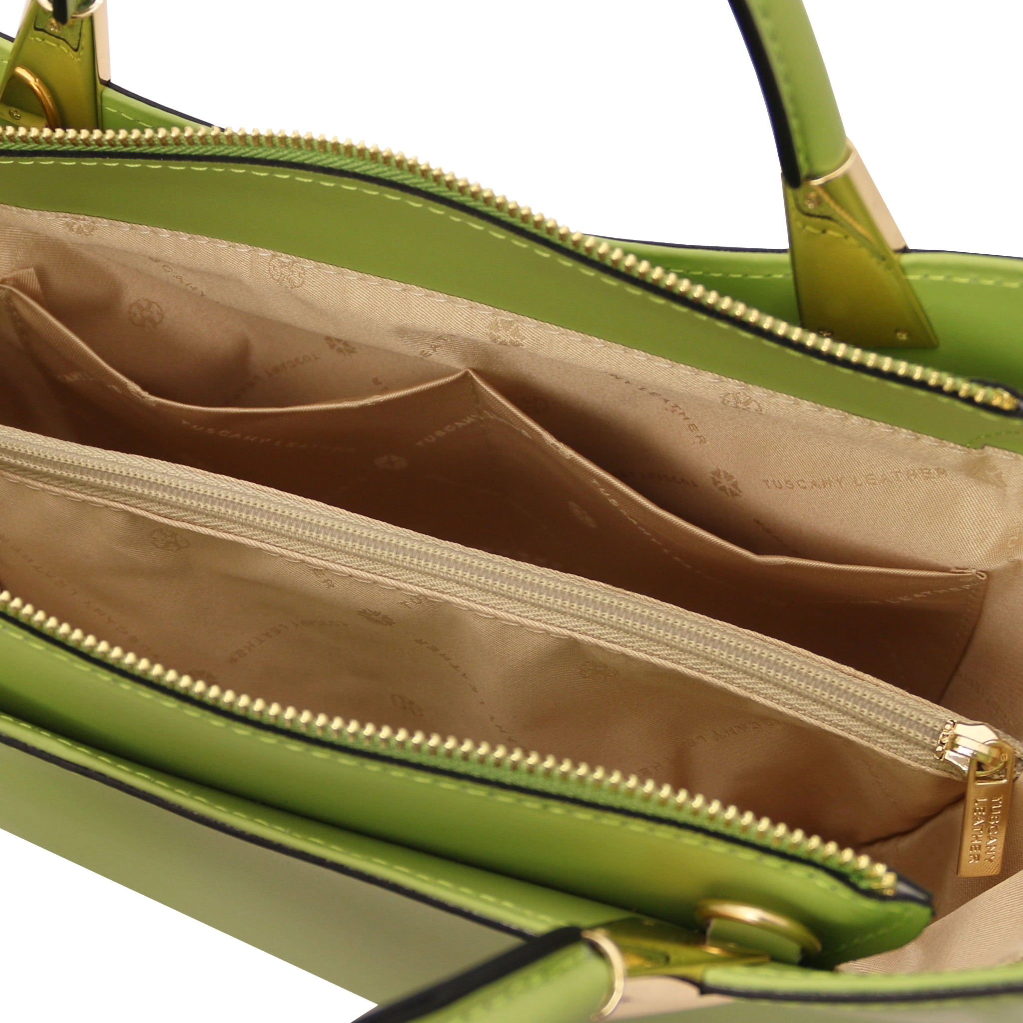 TL Bag Italian Leather Handbag in Green interior view showing centered zippered, beige lining, compartment and open pockets