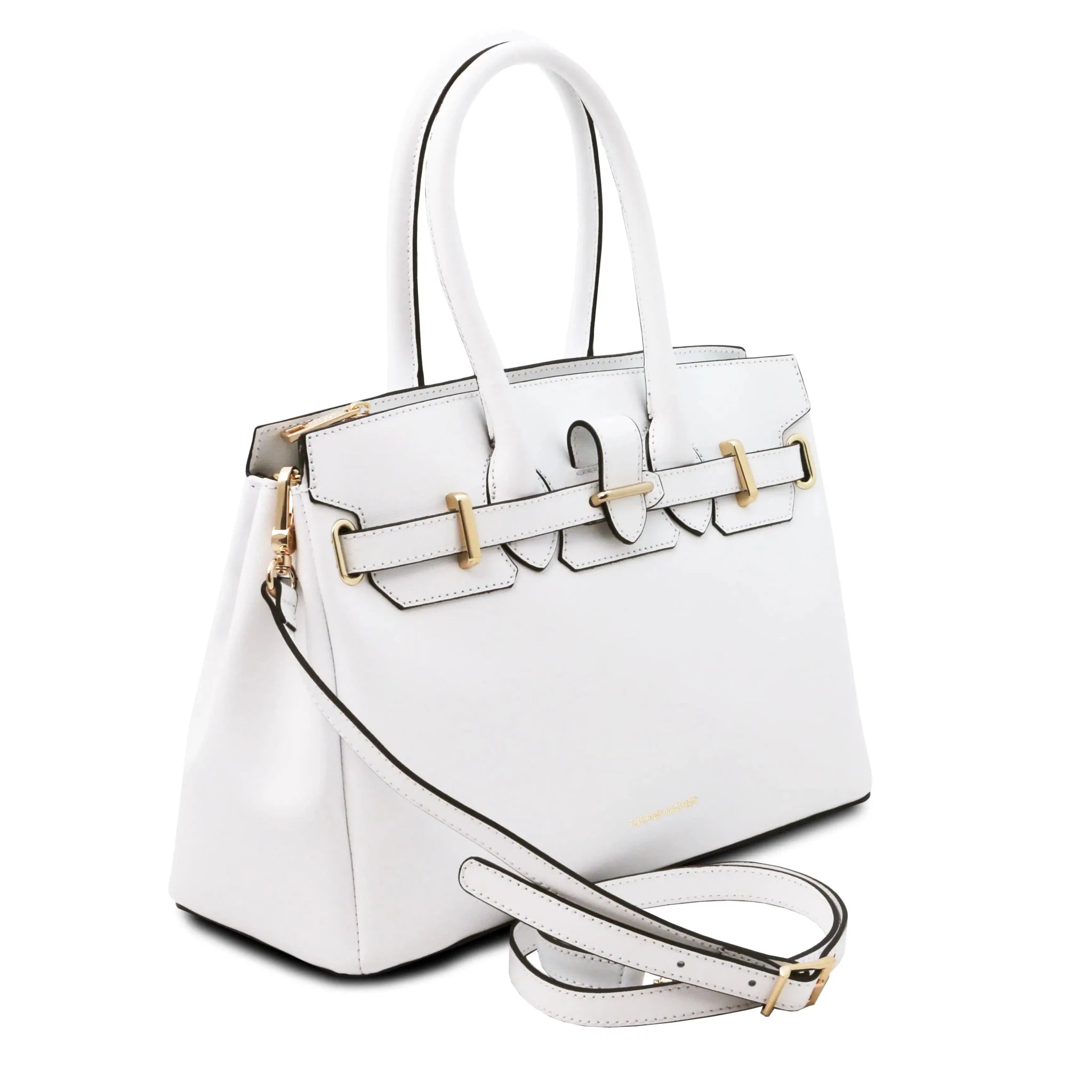 Front Side view TL Bag Italian Leather Handbag in white with detachable shoulder strap  