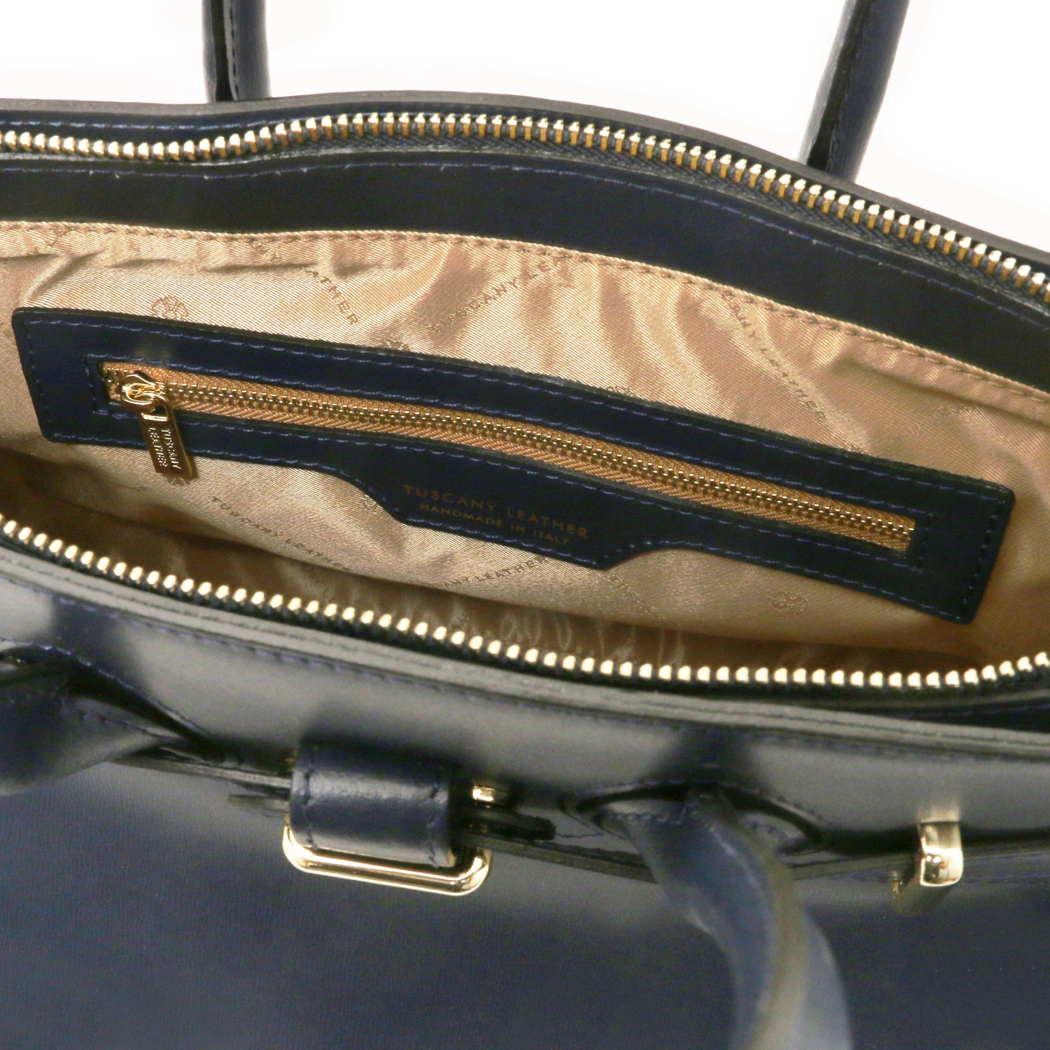 Interior zip pocket view TL Bag Italian Leather Handbag in Dark Blue with beige interior