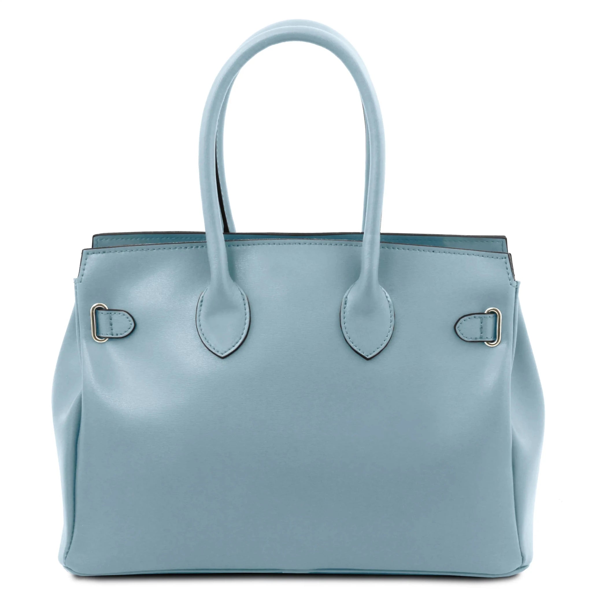 Back view TL Bag Italian Leather Handbag light bkue with arched handle and back rounded gold buckle accent