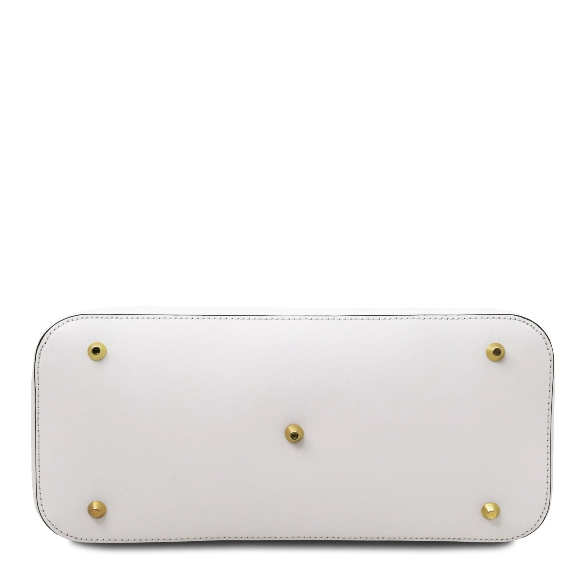 Bottom view TL Bag Italian Leather Handbag in white with five protective golden protective feet