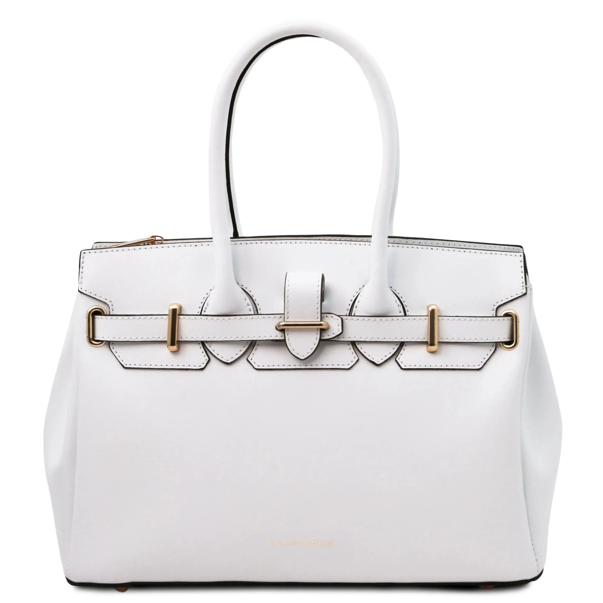 Front view TL Bag Italian Leather Handbag in white with branding at center bottom of bag 