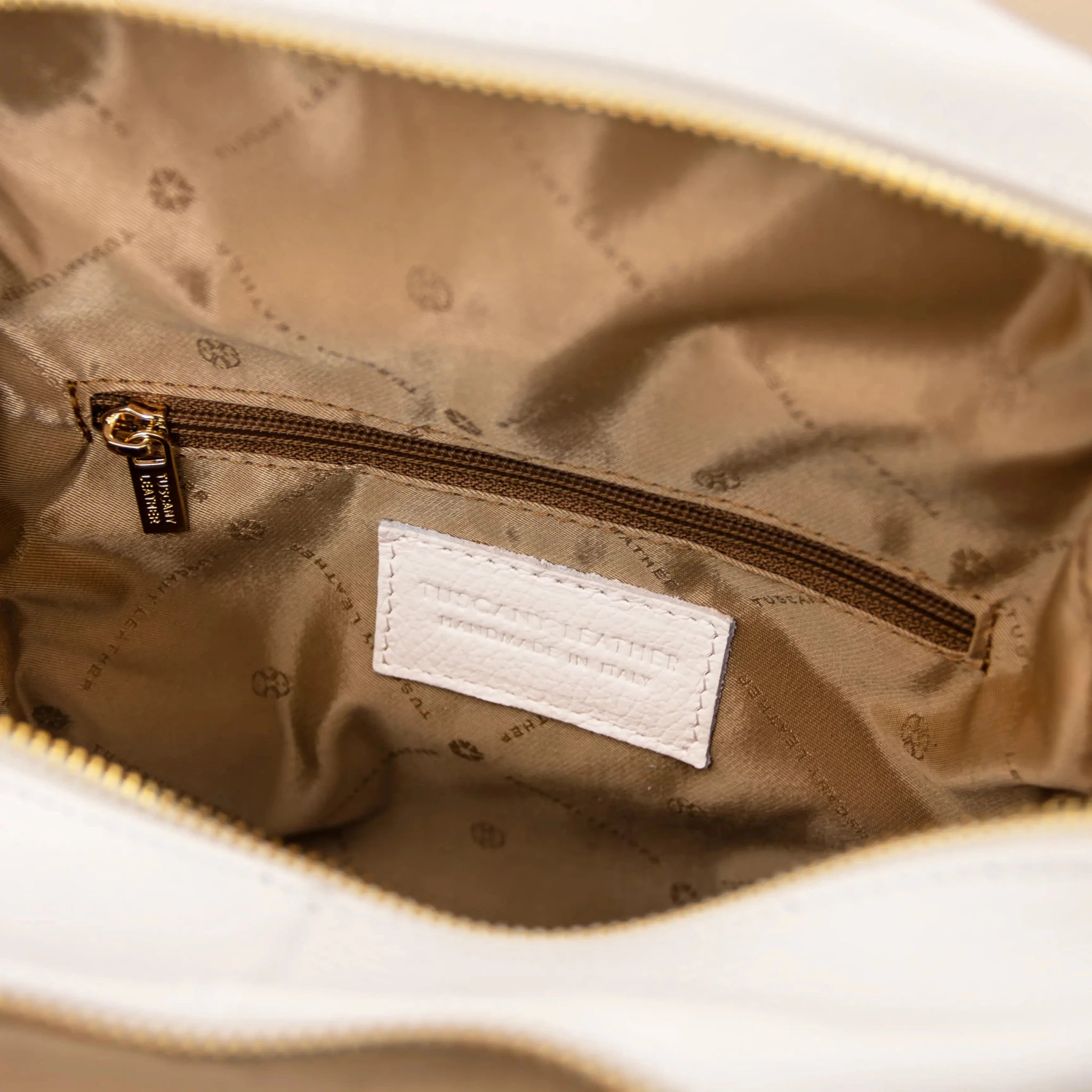 White TL Bag Italian Soft Leather Zip Backpack Interior Open Pocket Beige lining View