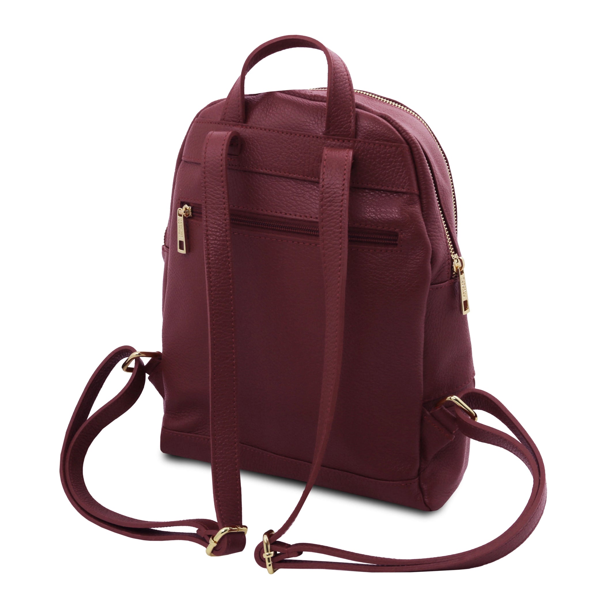 Back strap and top handle view Bordeaux backpack with gold hardware