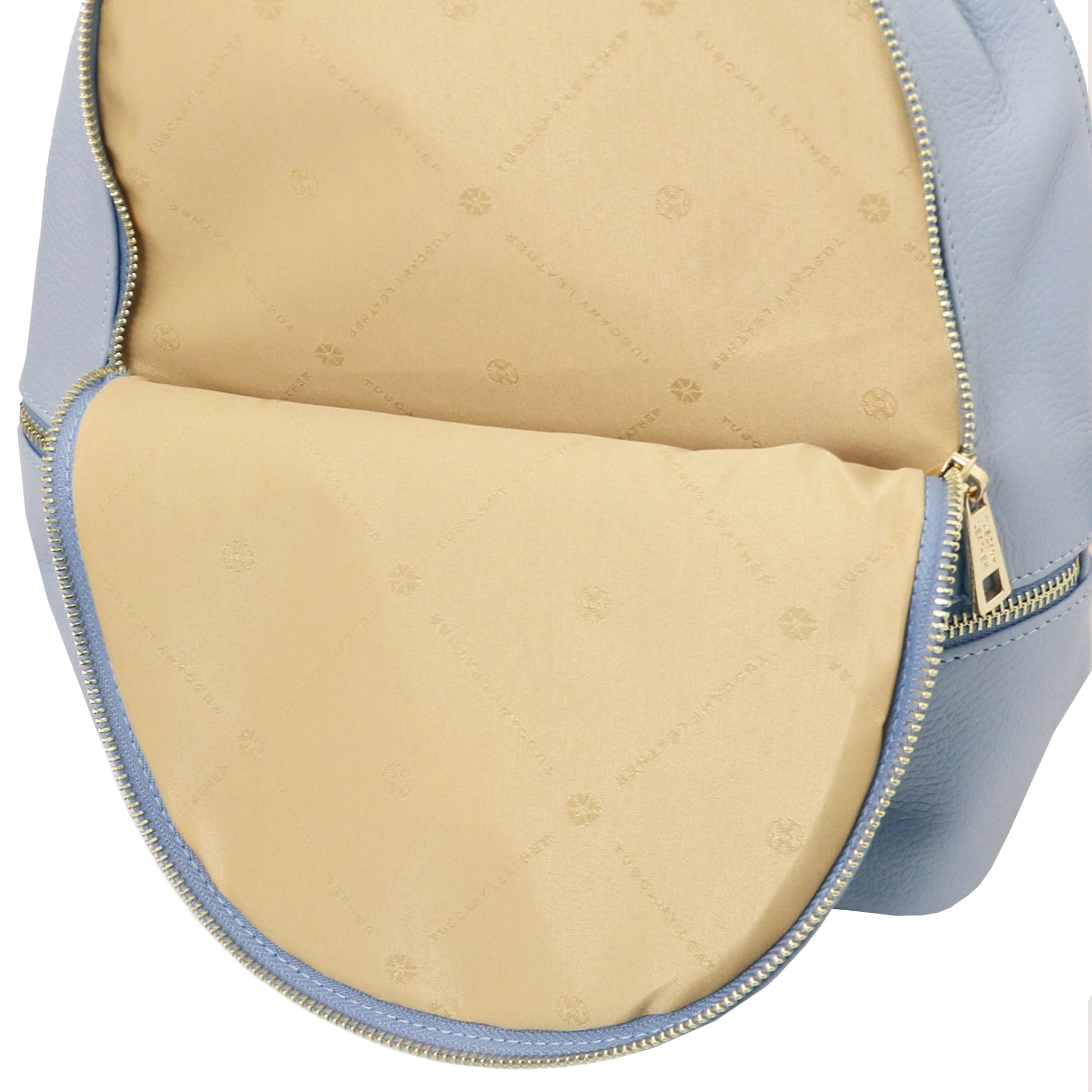 Front pouch interior view TL Bag Italian Soft Leather Zip Backpack in light blue showing beige lining