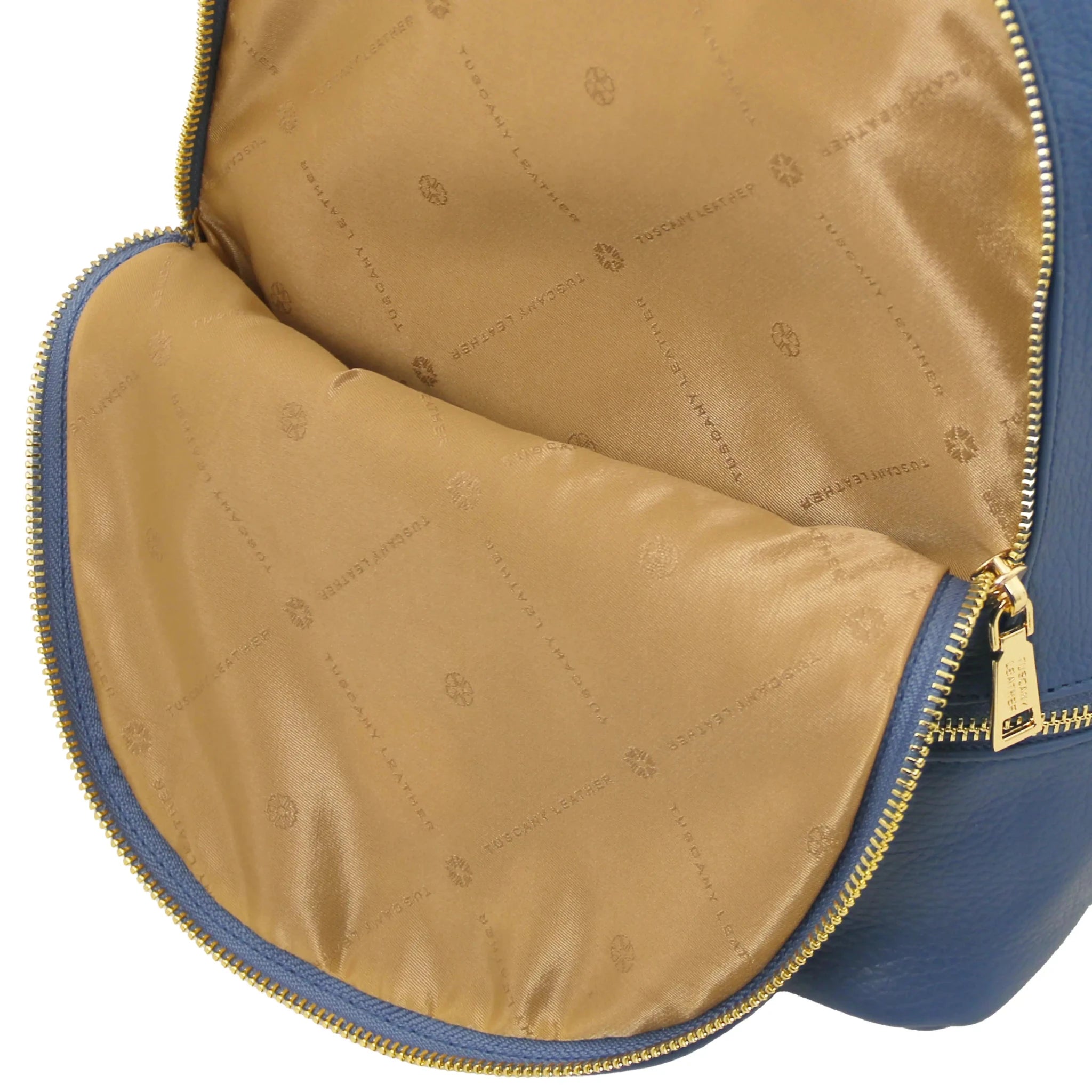 Denim TL Bag Italian Soft Leather Zip Backpack Front Zip Pocket Beige Lining View
