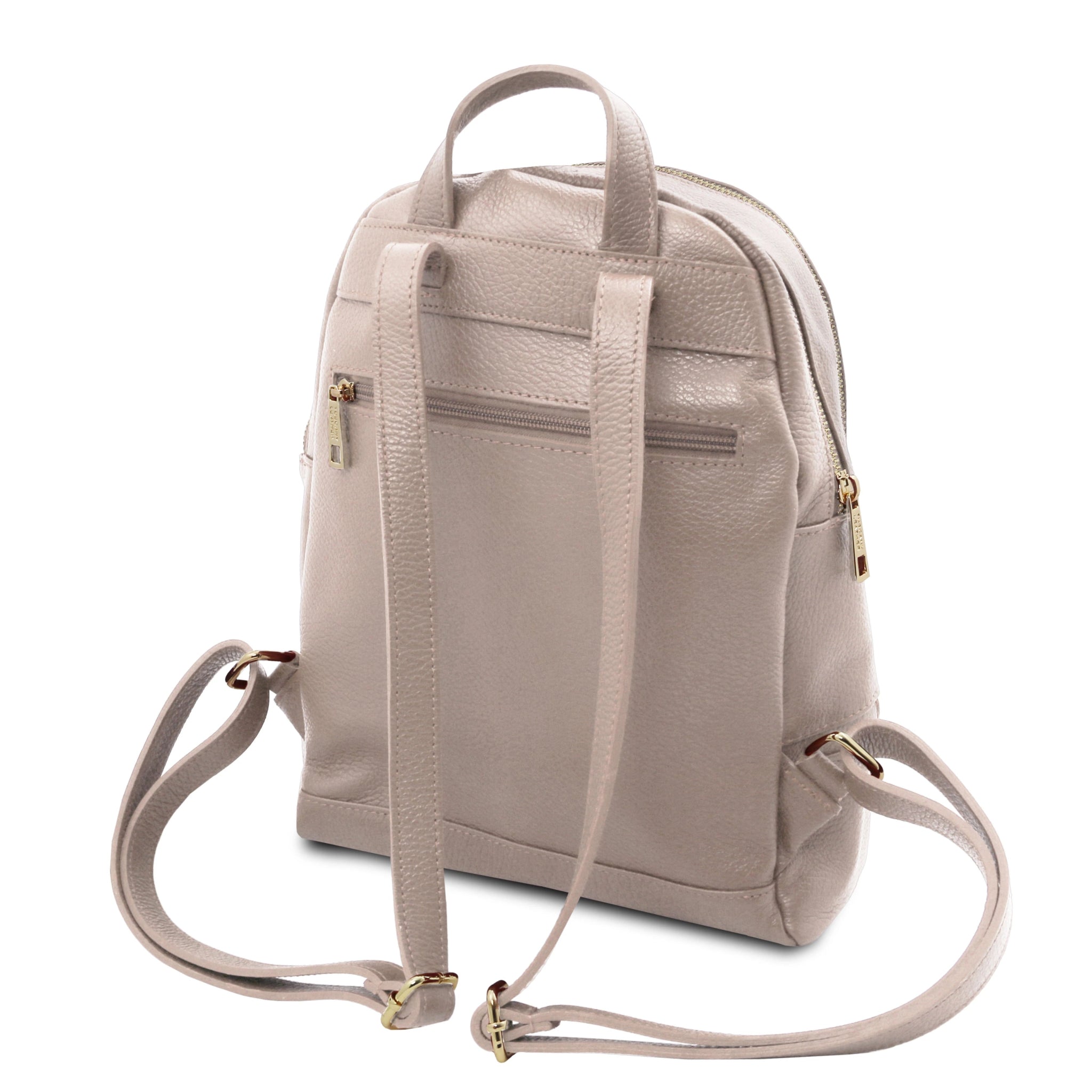 Back view of the TL Bag Italian Soft Leather Zip Backpack in light taupe showing top handle and backstraps