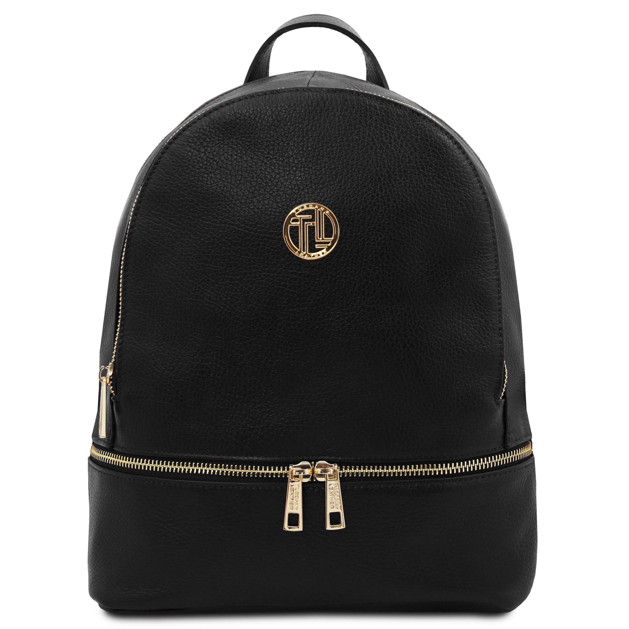 Front View TL Bag Italian Soft Leather Zip Backpack in Black with gold hardware