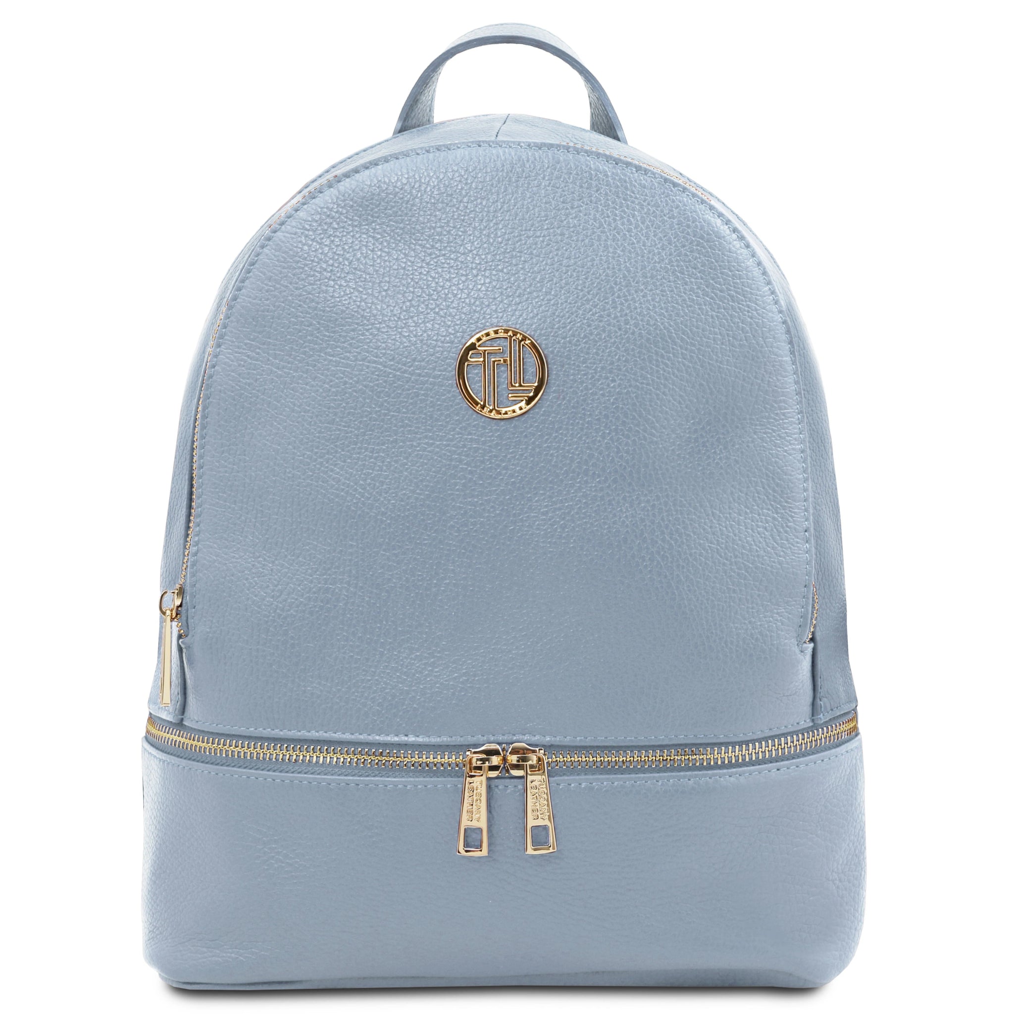 Front View TL Bag Italian Soft Leather Zip Backpack in Light Blue with gold hardware