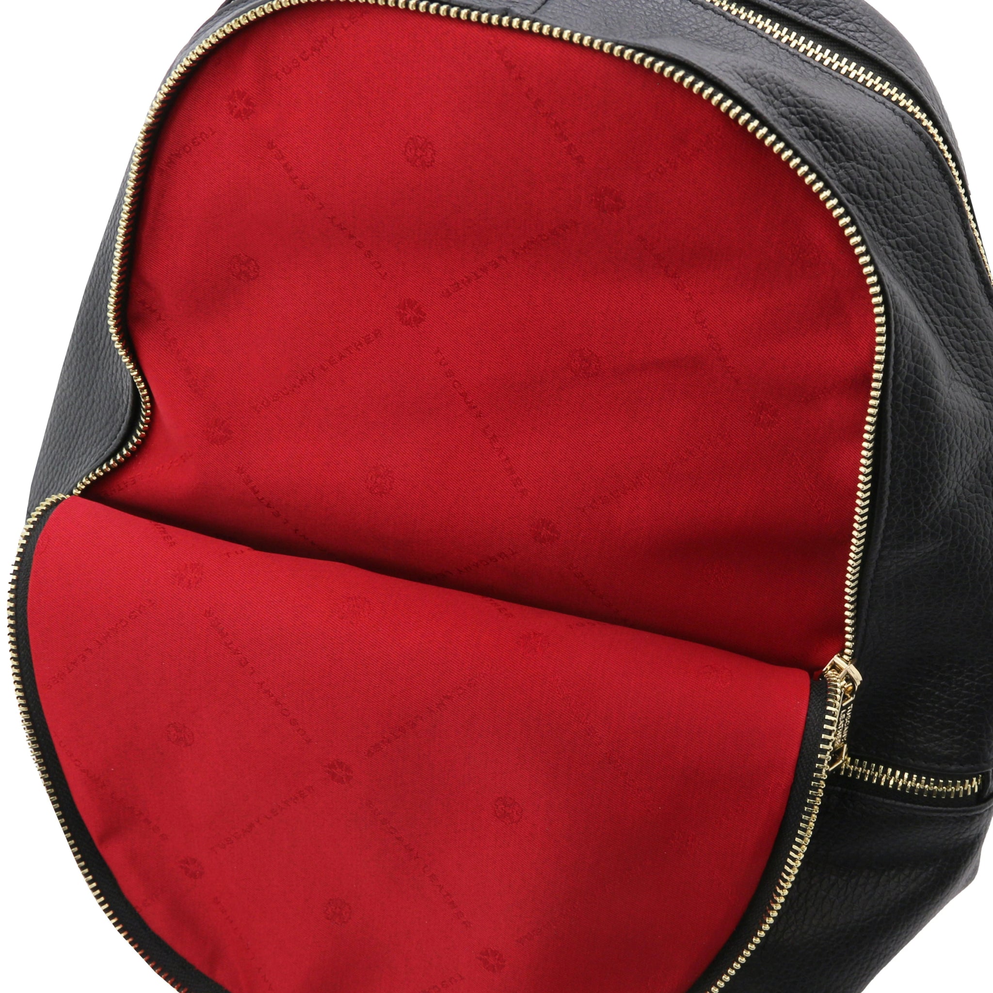 Front pouch interior view TL Bag Italian Soft Leather Zip Backpack in black showing vibrant red lining