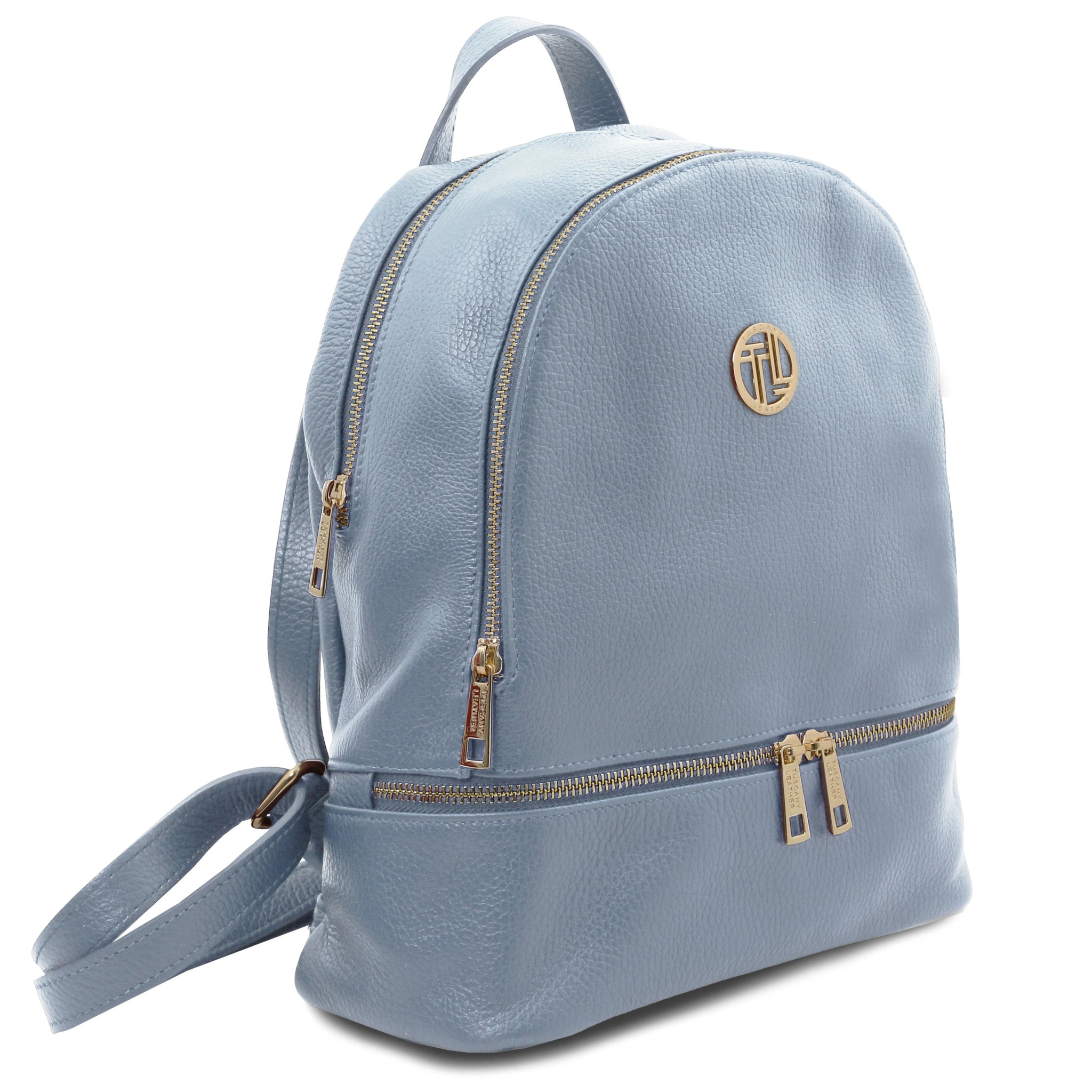 Front side angled View TL Bag Italian Soft Leather Zip Backpack in Light Blue showing top handle and backpack straps