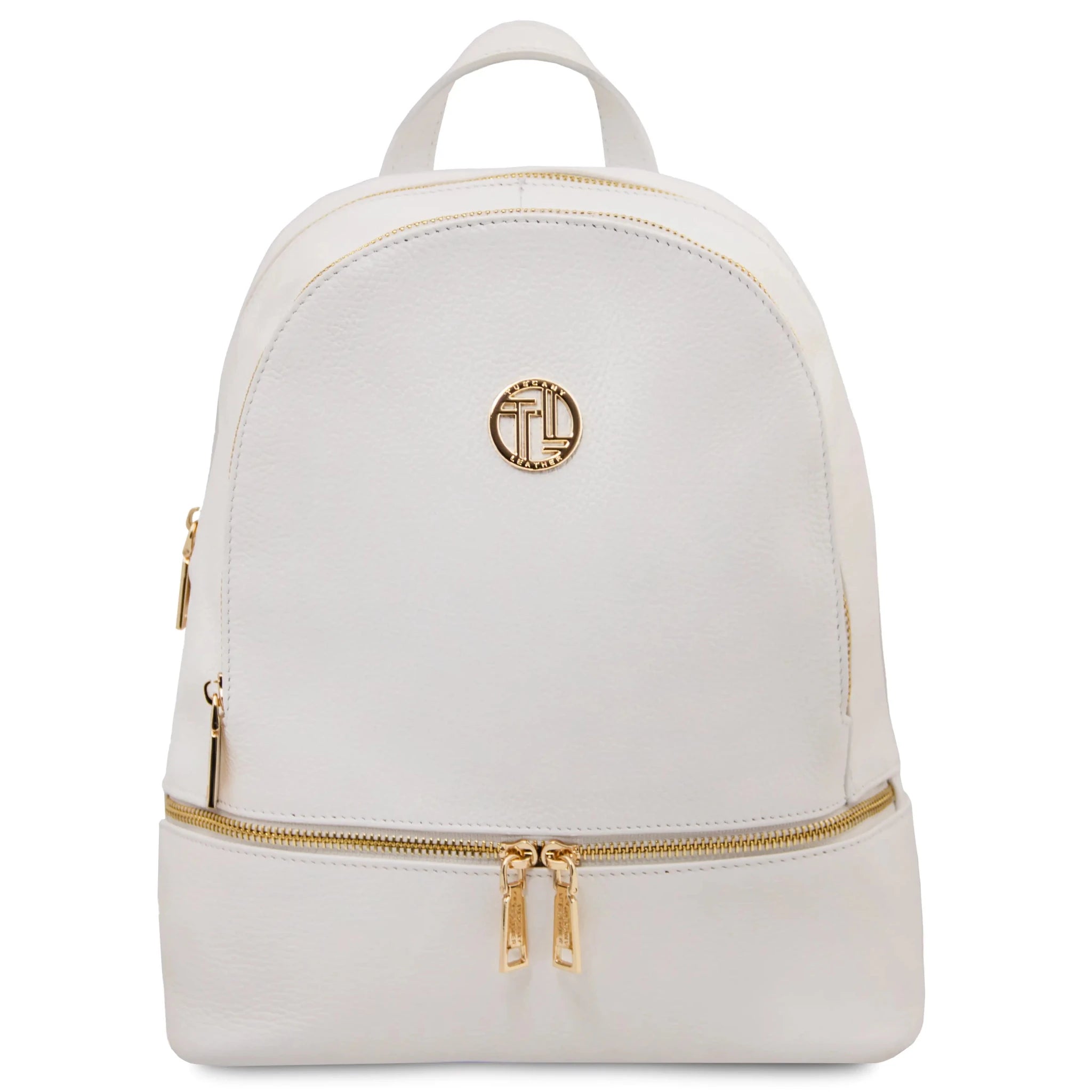 White backpack with gold zippers and logo on a white background