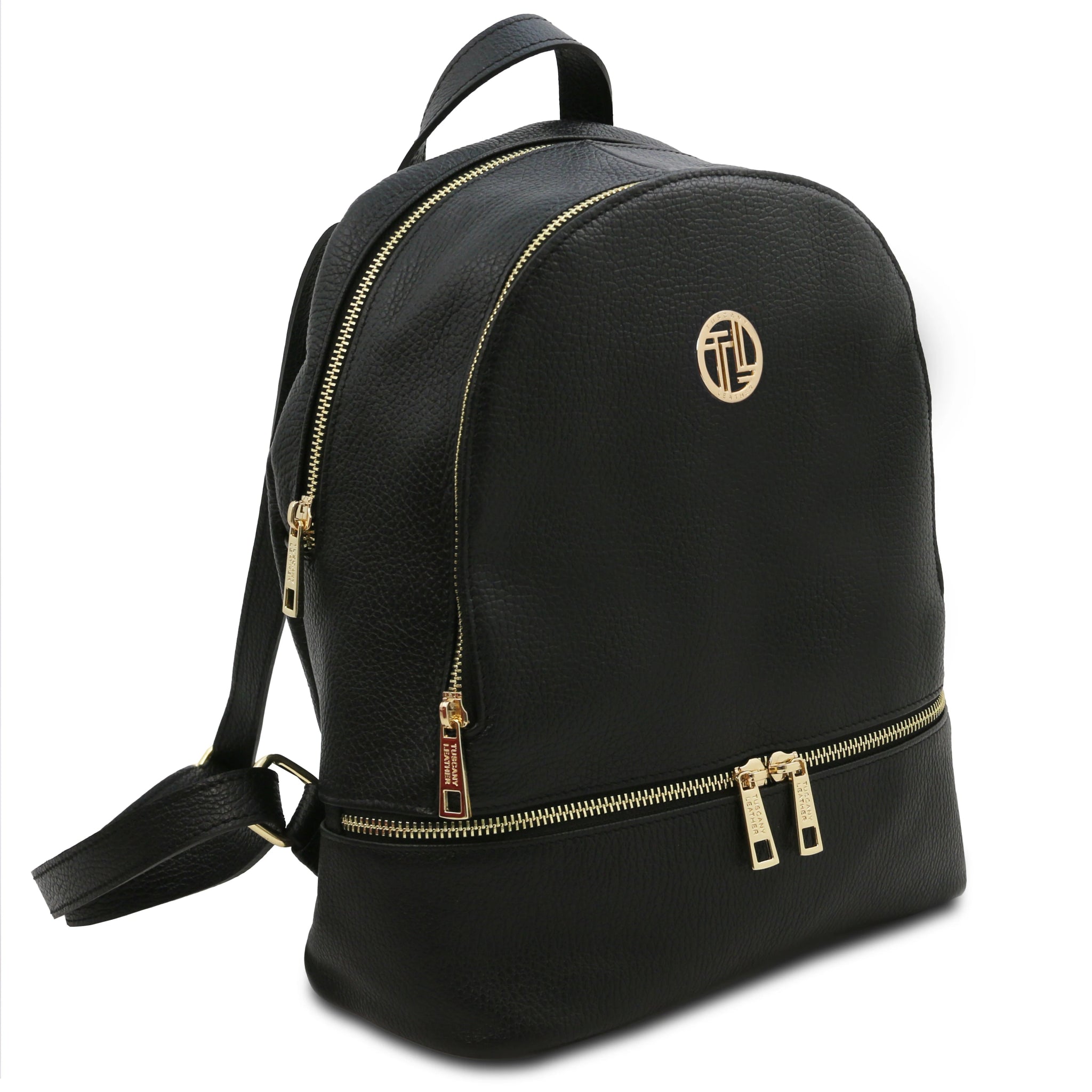 Side angled view of the TL Bag Italian Soft Leather Zip Backpack in black showing double zippers and bottom pouch zipper