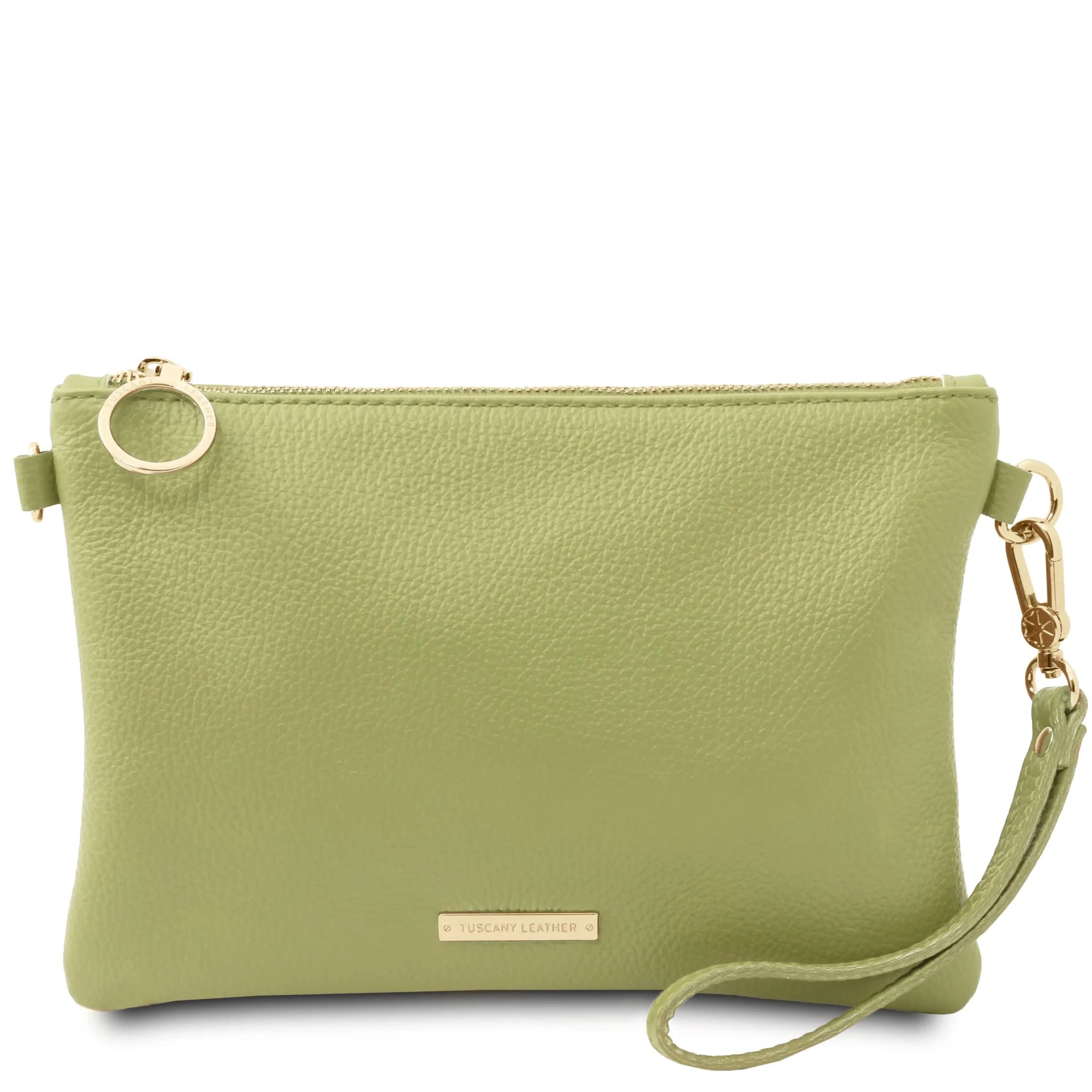 Green clutch bag with a strap on a white background