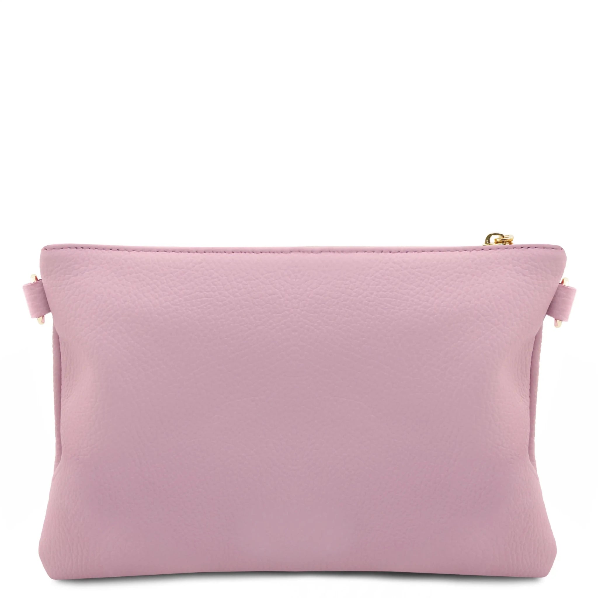Back side TL Bag Soft Leather Clutch in Ballet Pink on White Background with hand strap