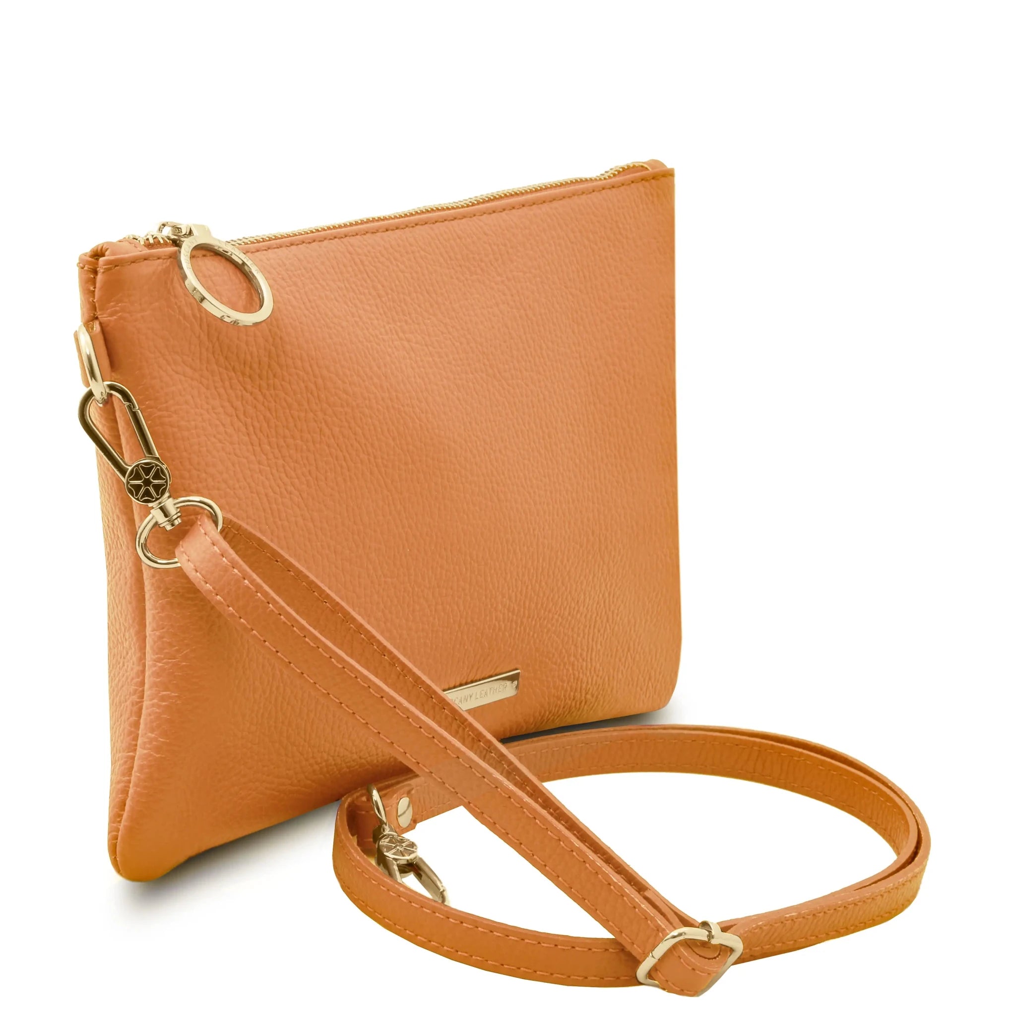 TL Bag Soft Leather Clutch in Apricot on White Background with shoulder strap 