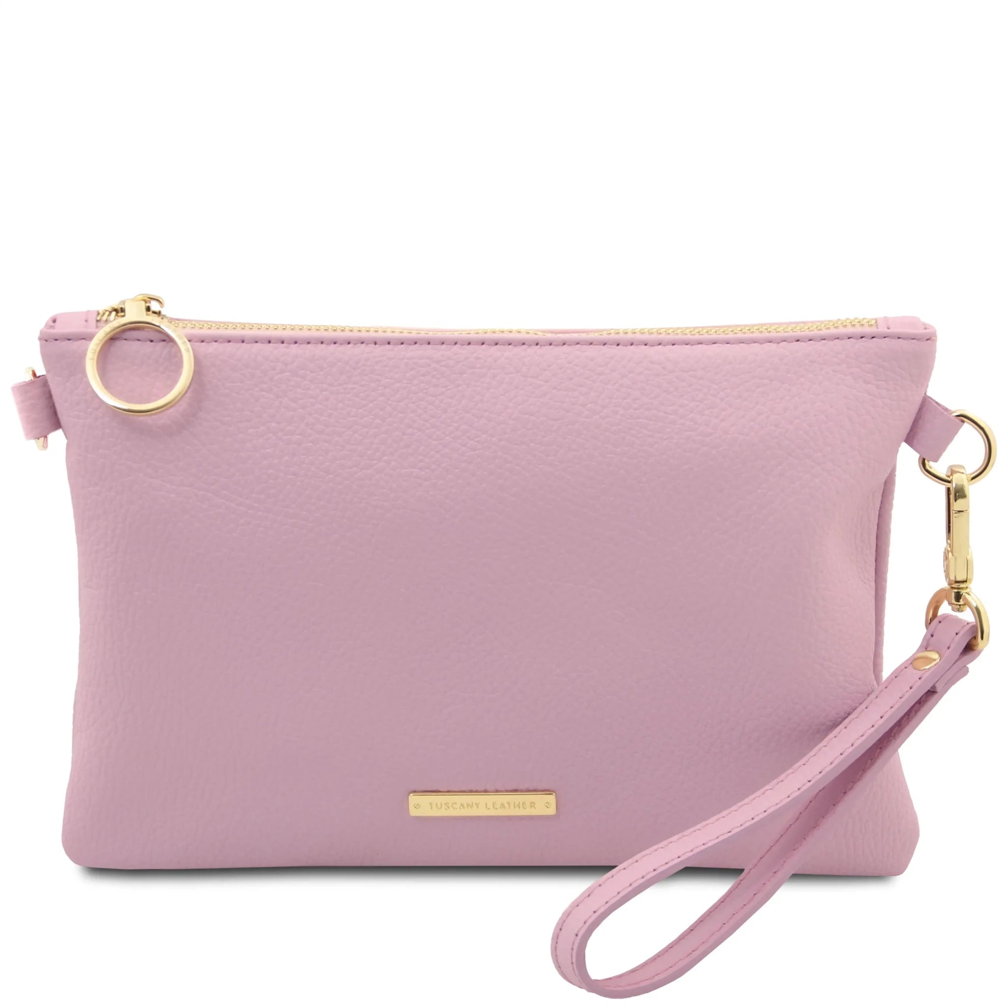 Front side TL Bag Soft Leather Clutch in Ballet Pink on White Background with hand strap