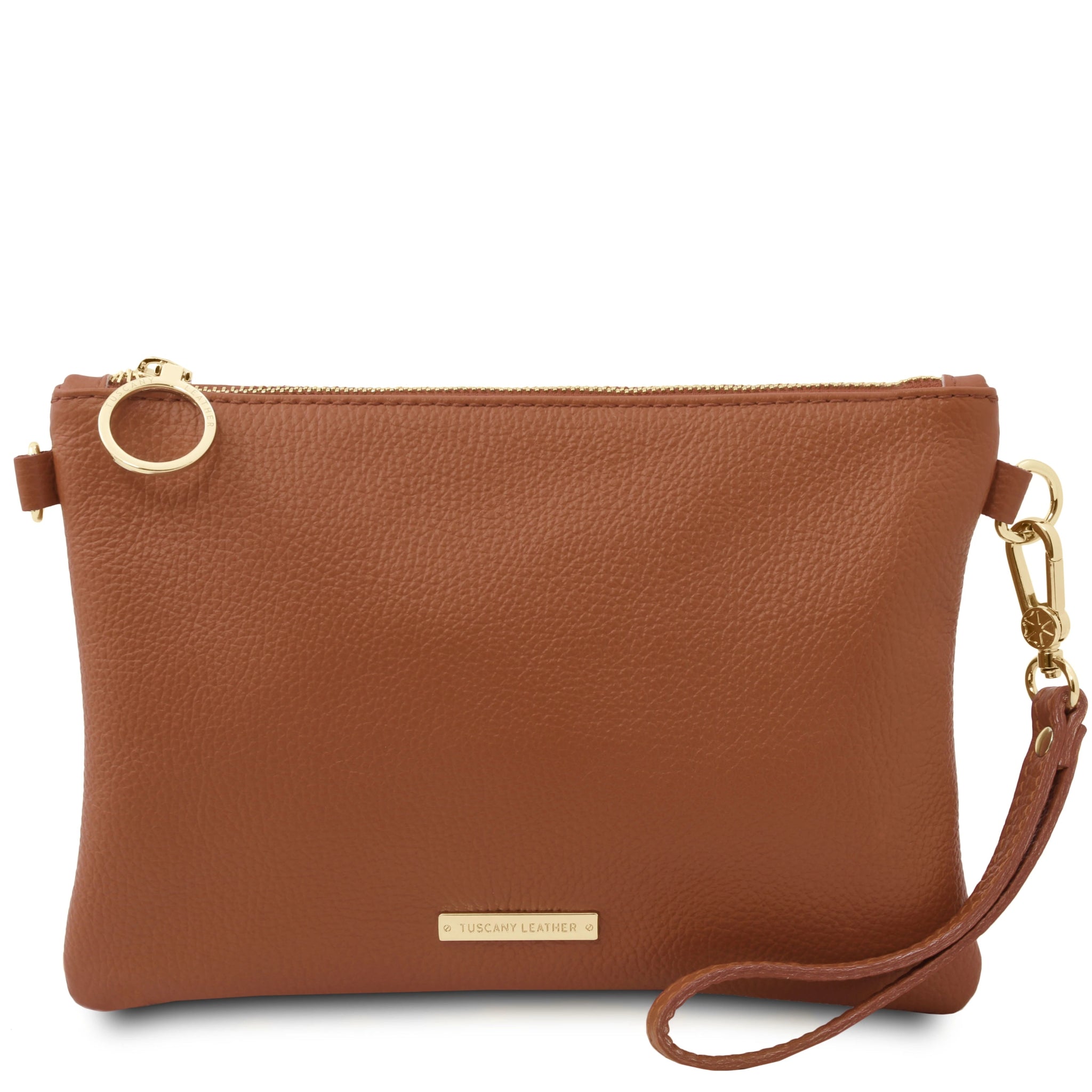 Front view TL Bag Soft Italian Leather Clutch in cognac