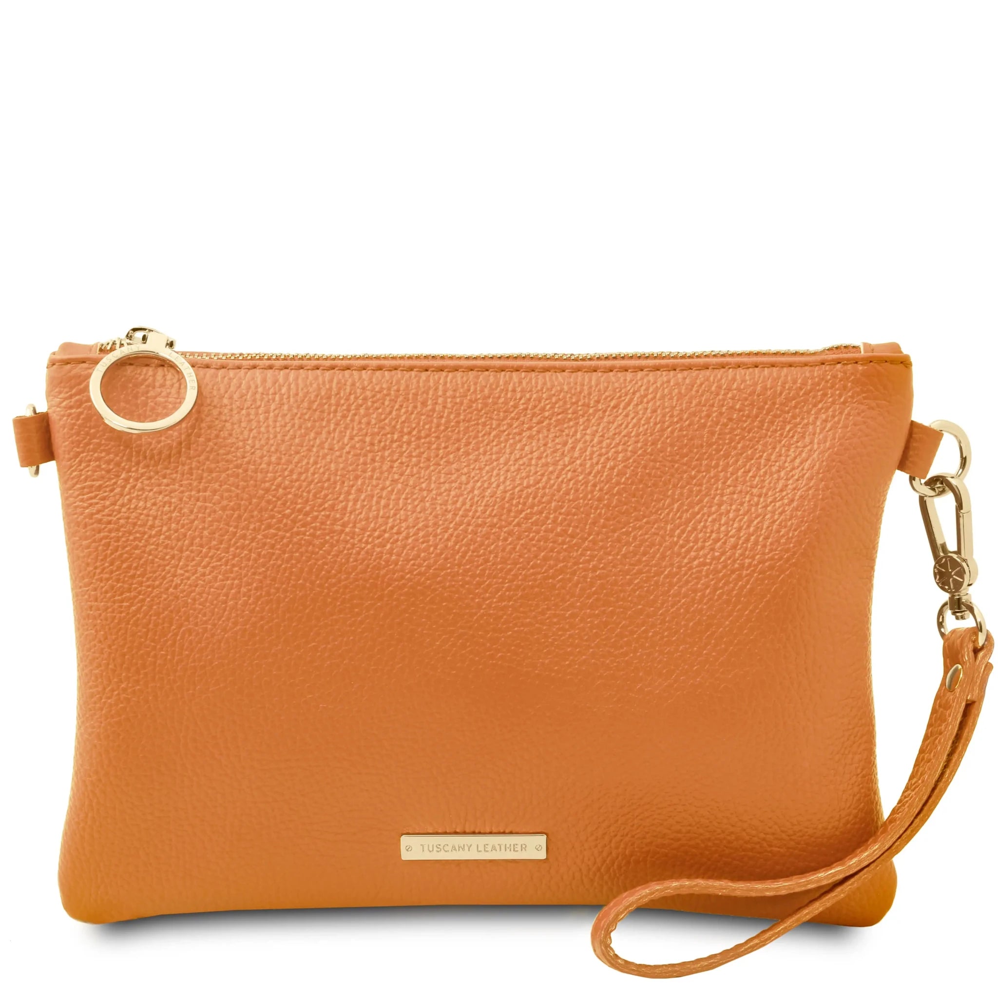 Front side Soft Leather Clutch in Apricot on White Background and hand strap