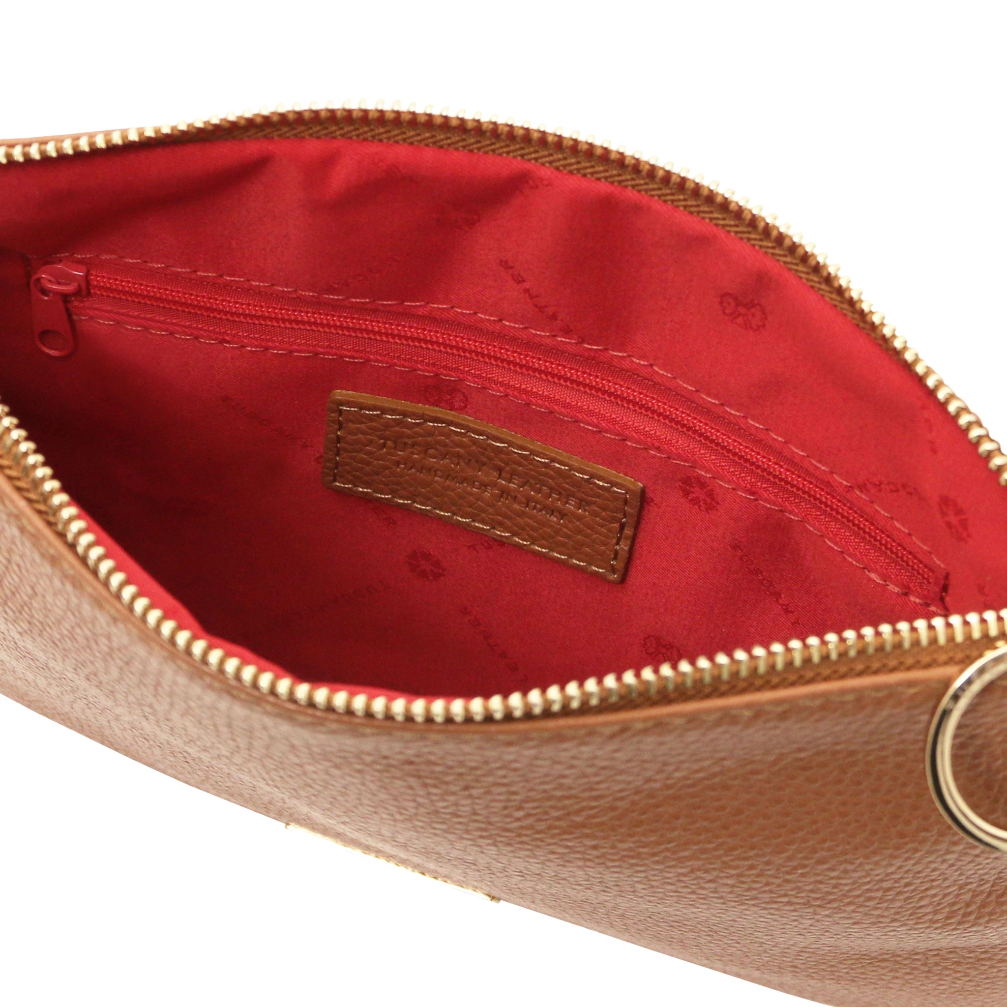 Interior zip pocket view TL Bag Soft Italian Leather Clutch in cognac showing red lining