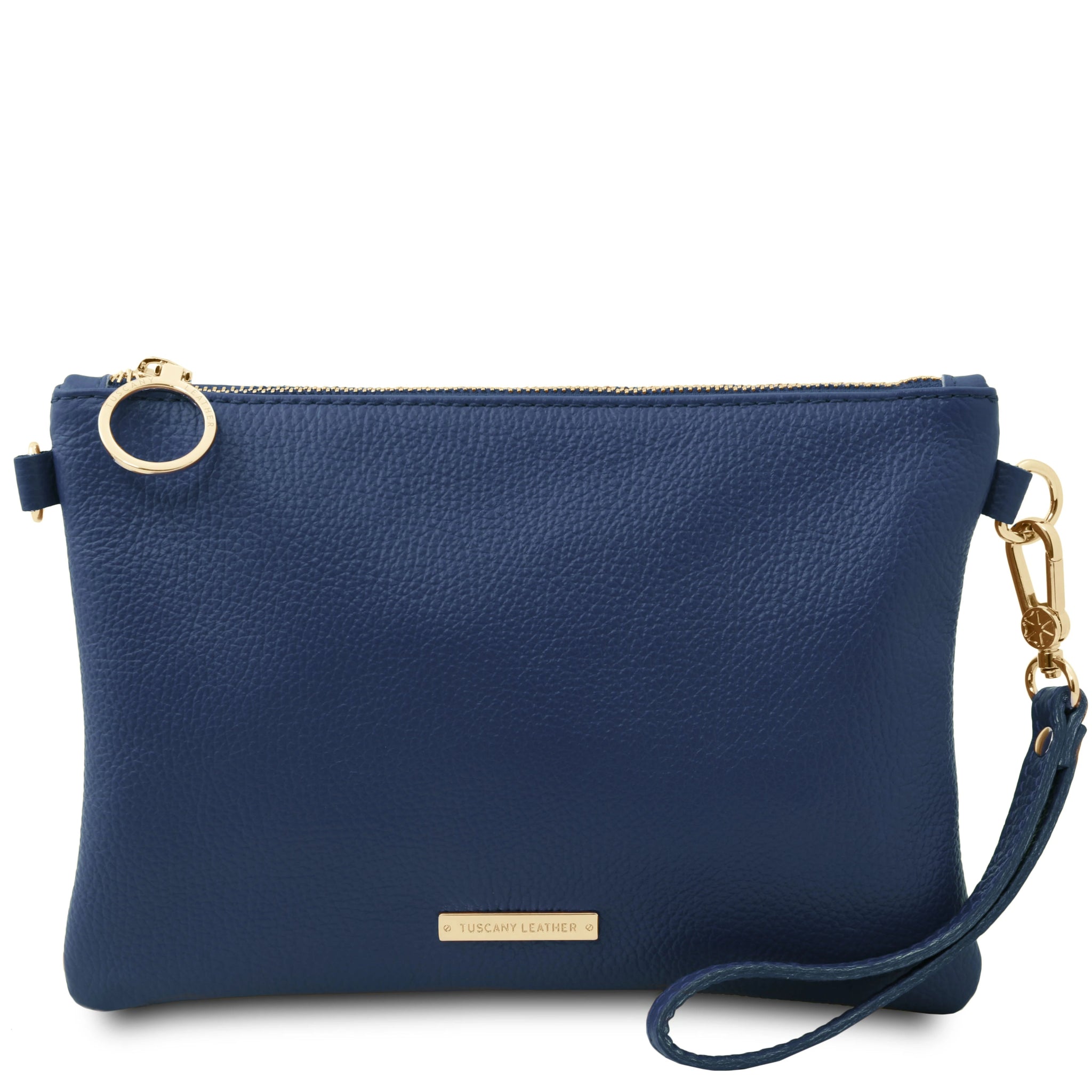 TL Bag Soft Leather Clutch in Dark Blue on White Background with hand strap