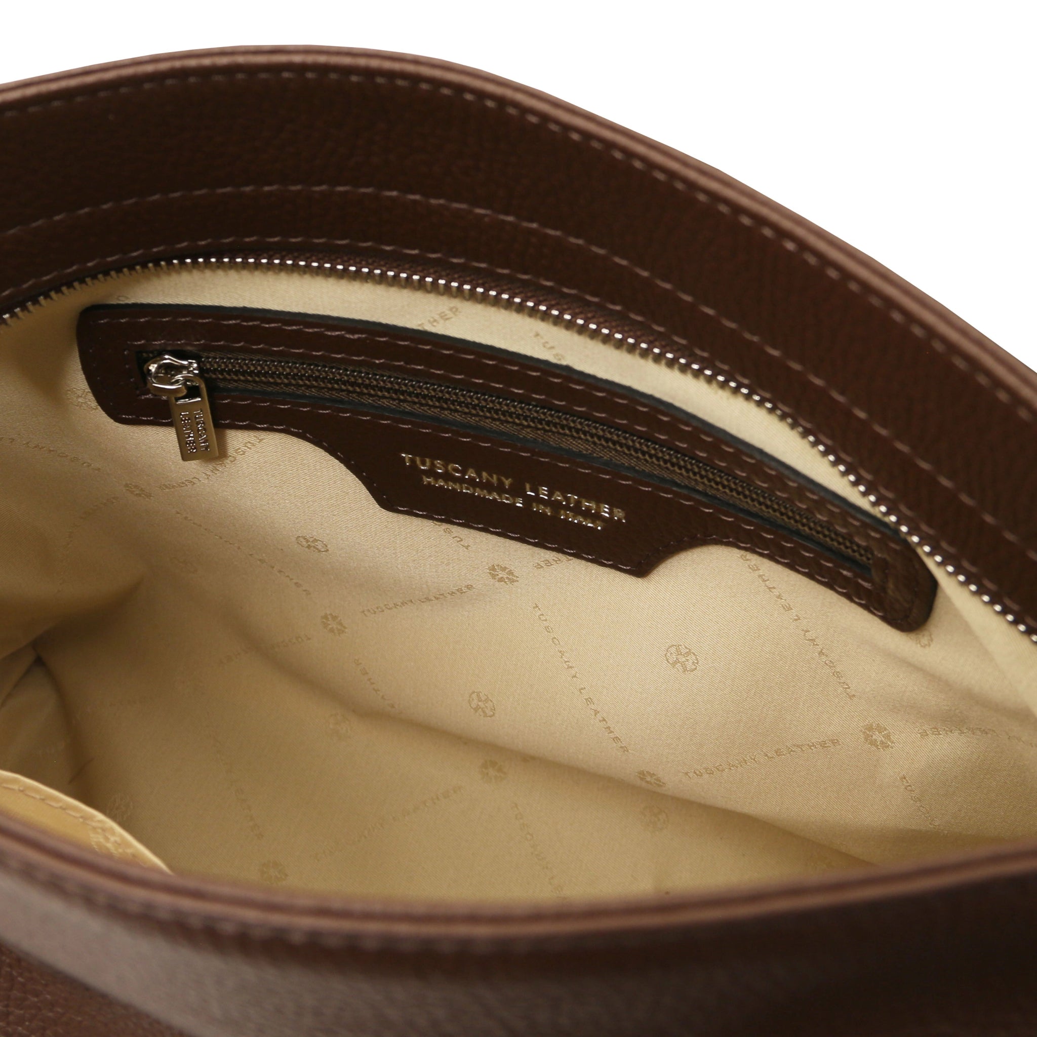 Interior zip pocket view TL Bag Soft Leather Handbag Coffee with beige lining