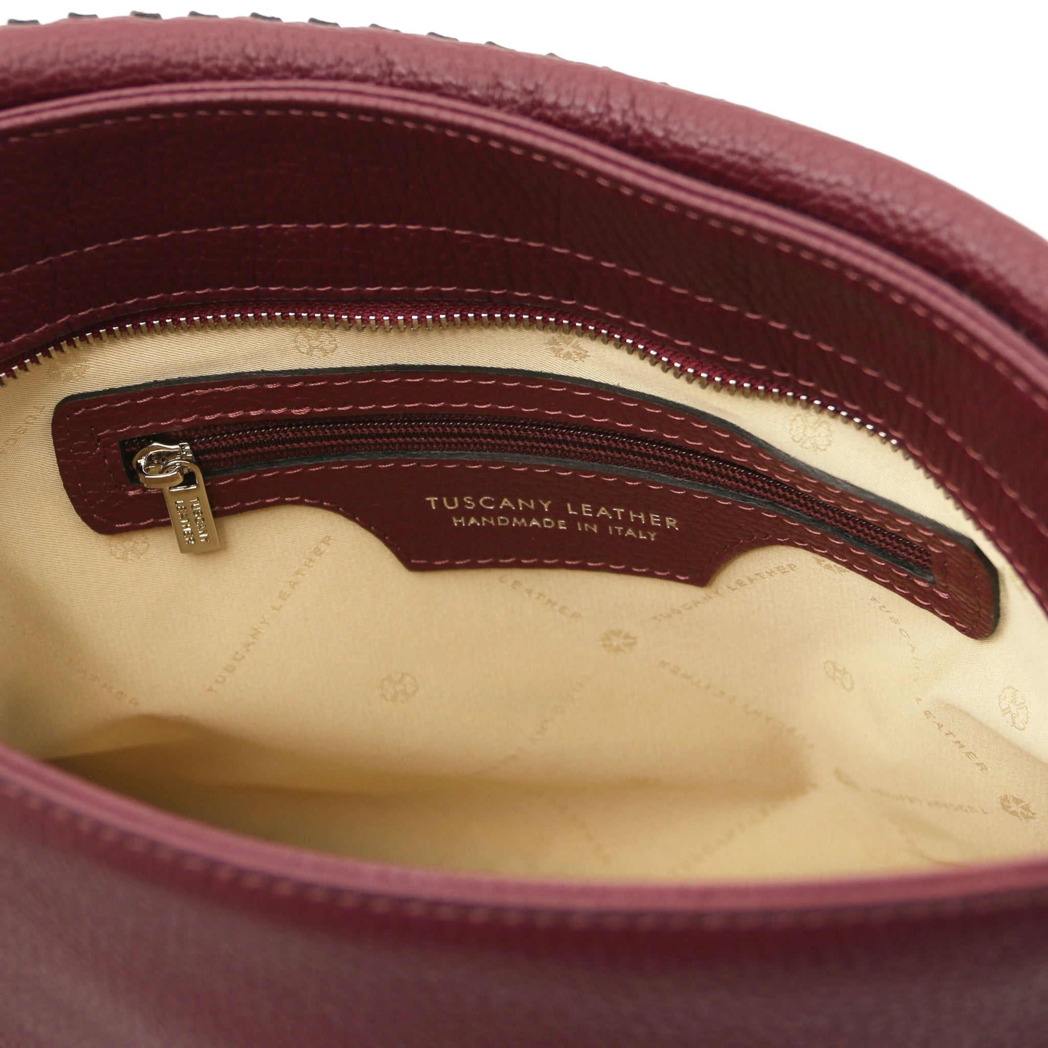 Interior zip pocket view TL Bag Soft Leather Handbag Bordeaux with beige lining