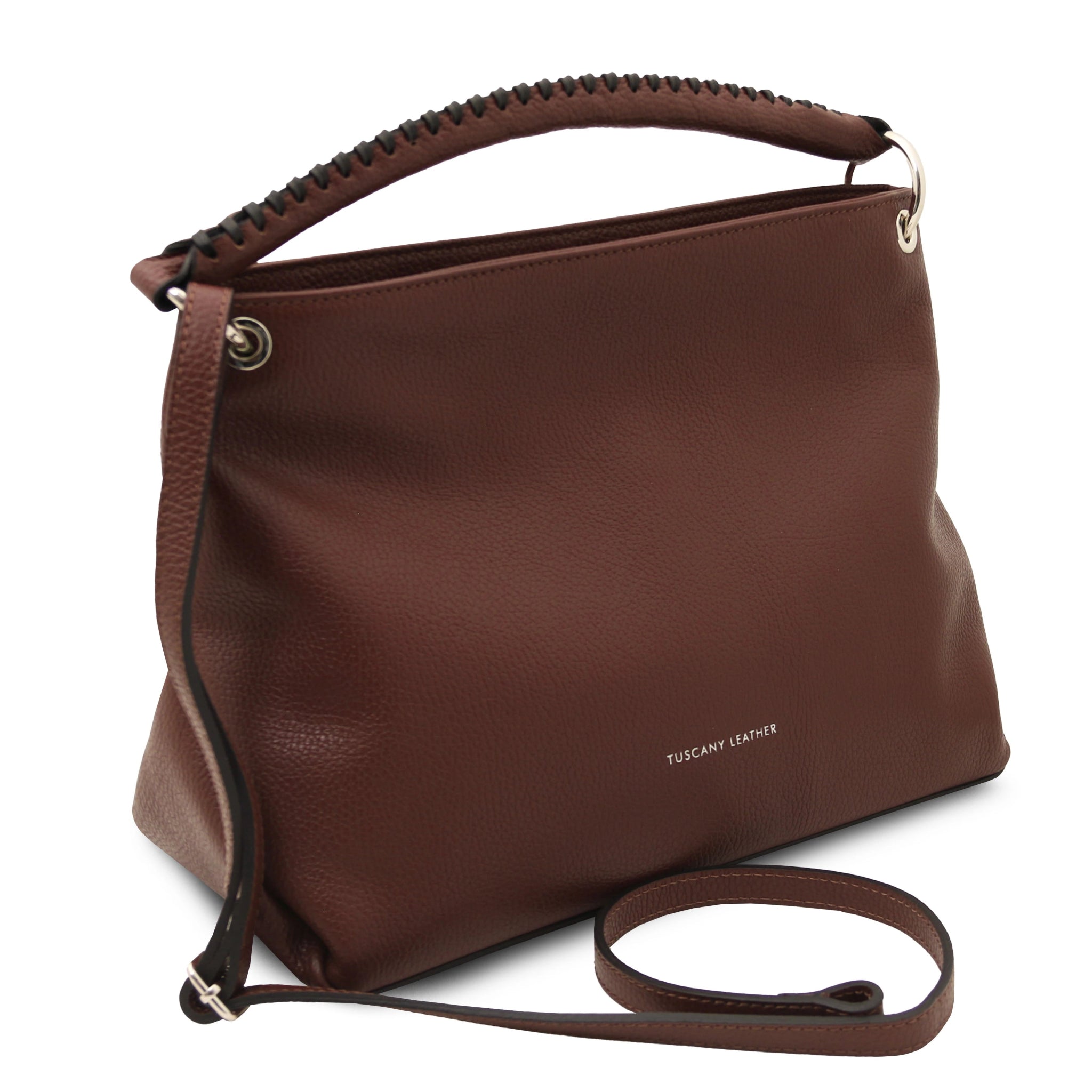 Front Side view TL Bag Soft Leather Handbag in Coffee with shoulder strap 