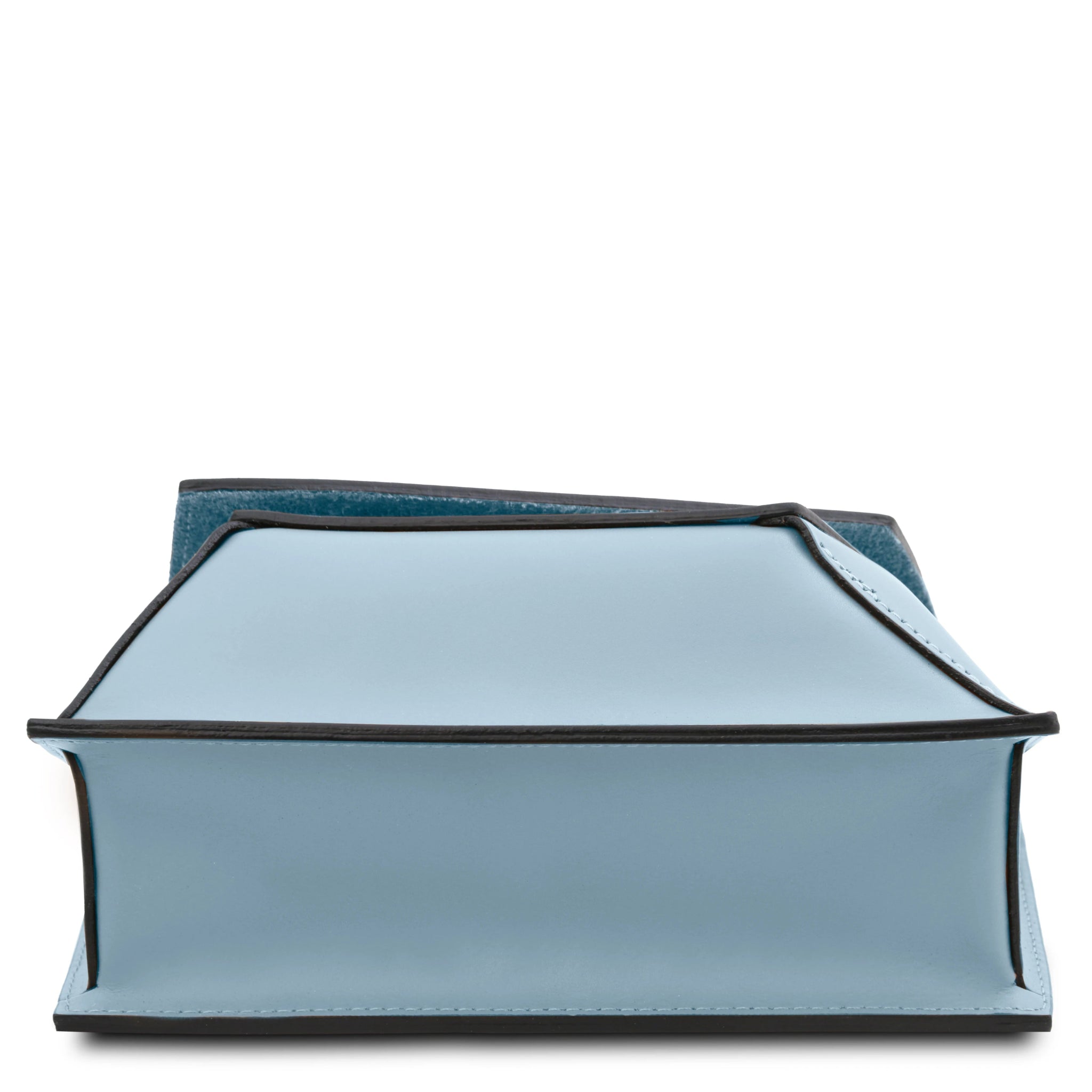 Bottom view TL Leather Assymetrical Shoulder Bag  in Azure showing edged leather finish
