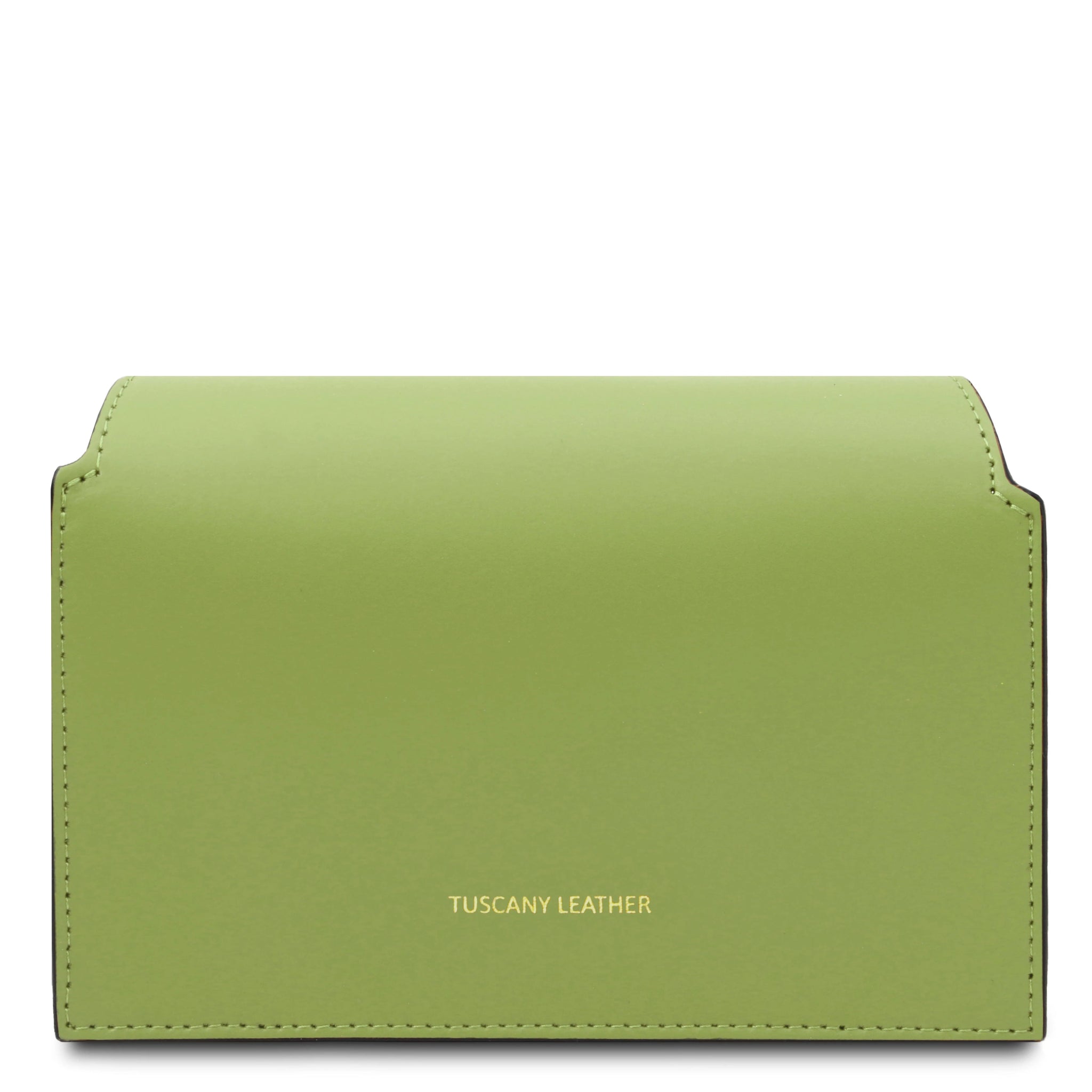 Back view TL Leather Assymetrical Shoulder Bag in Green showing Tuscany Leather gold brandng