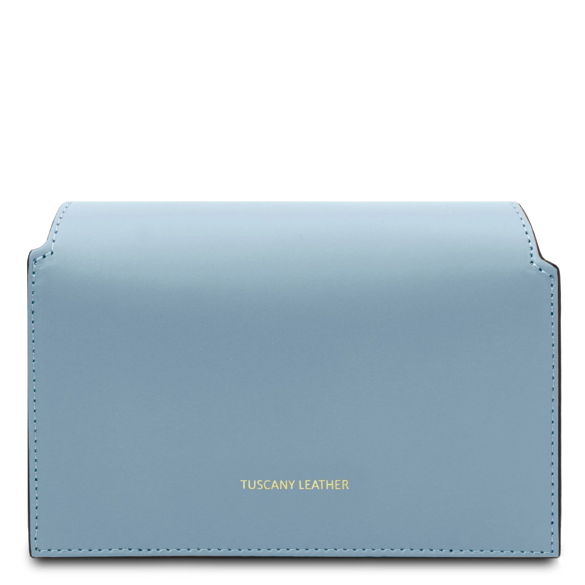 Back view TL Leather Assymetrical Shoulder Bag in Azure showing Tuscany Leather gold brandng