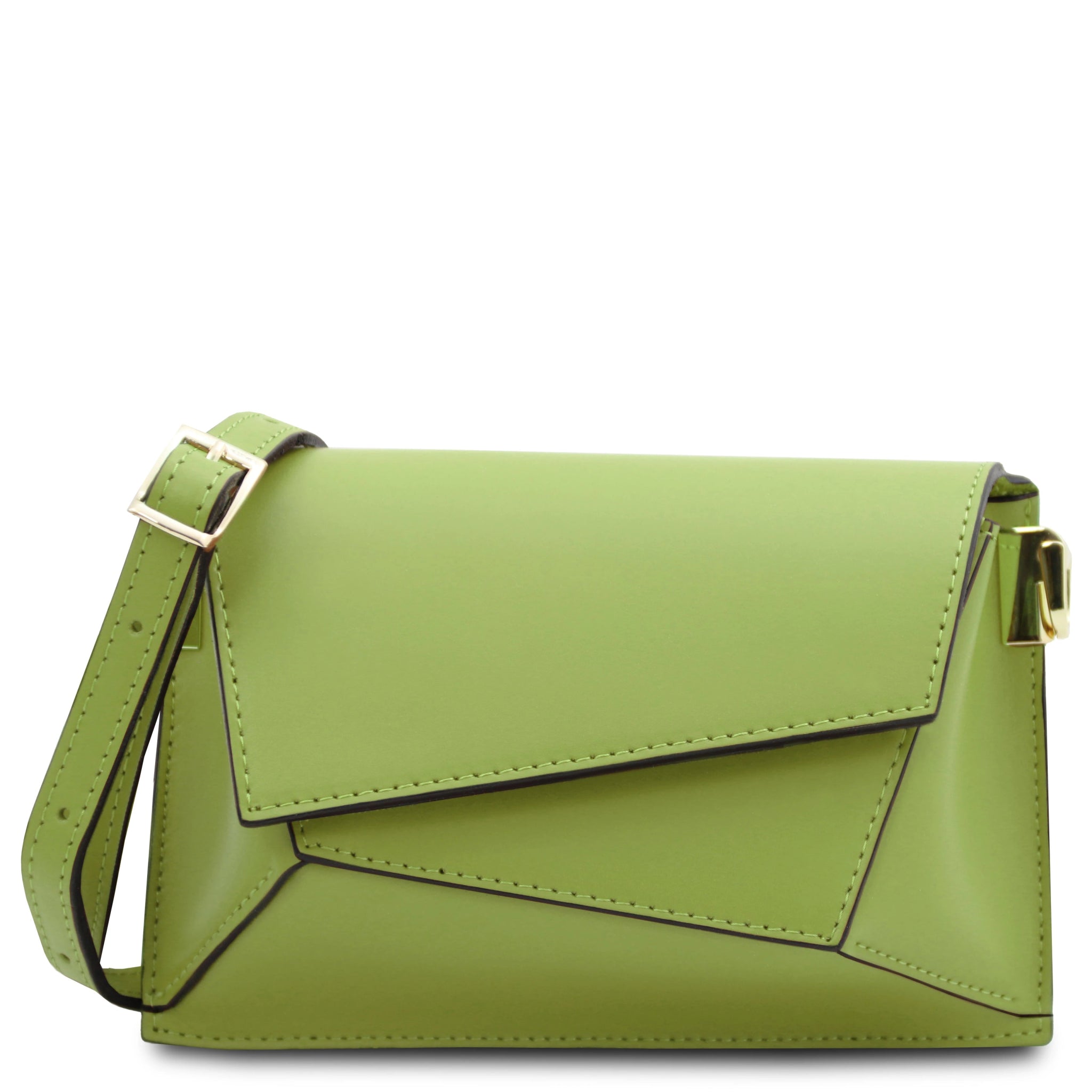 Front view TL Leather Assymetrical Shoulder Bag  in Green showing geometric stitching design and shoulder strap - L'Atelier Global