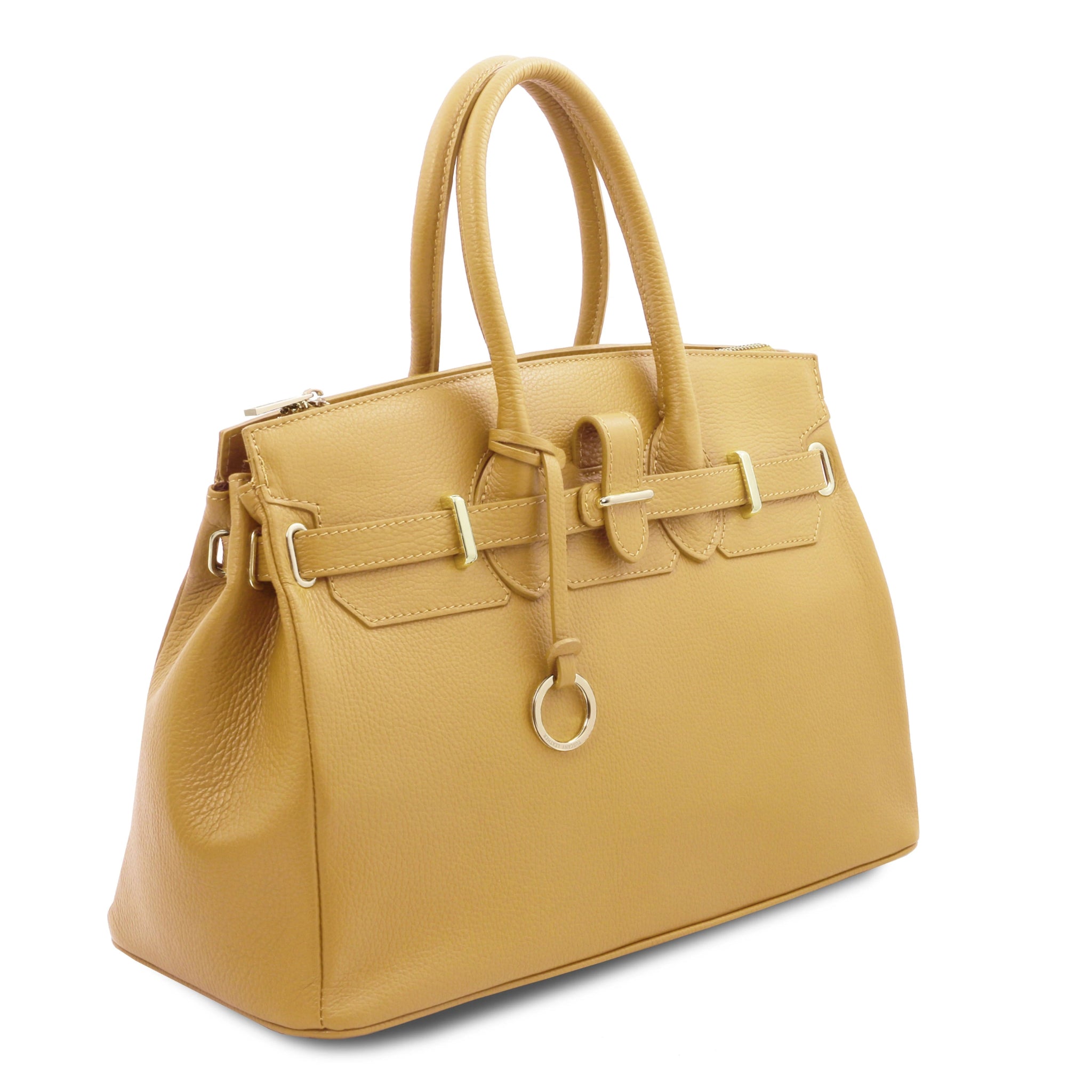 TL Italian Leather Handbag with Golden Hardware in pastel yellow front angled view, on white background 