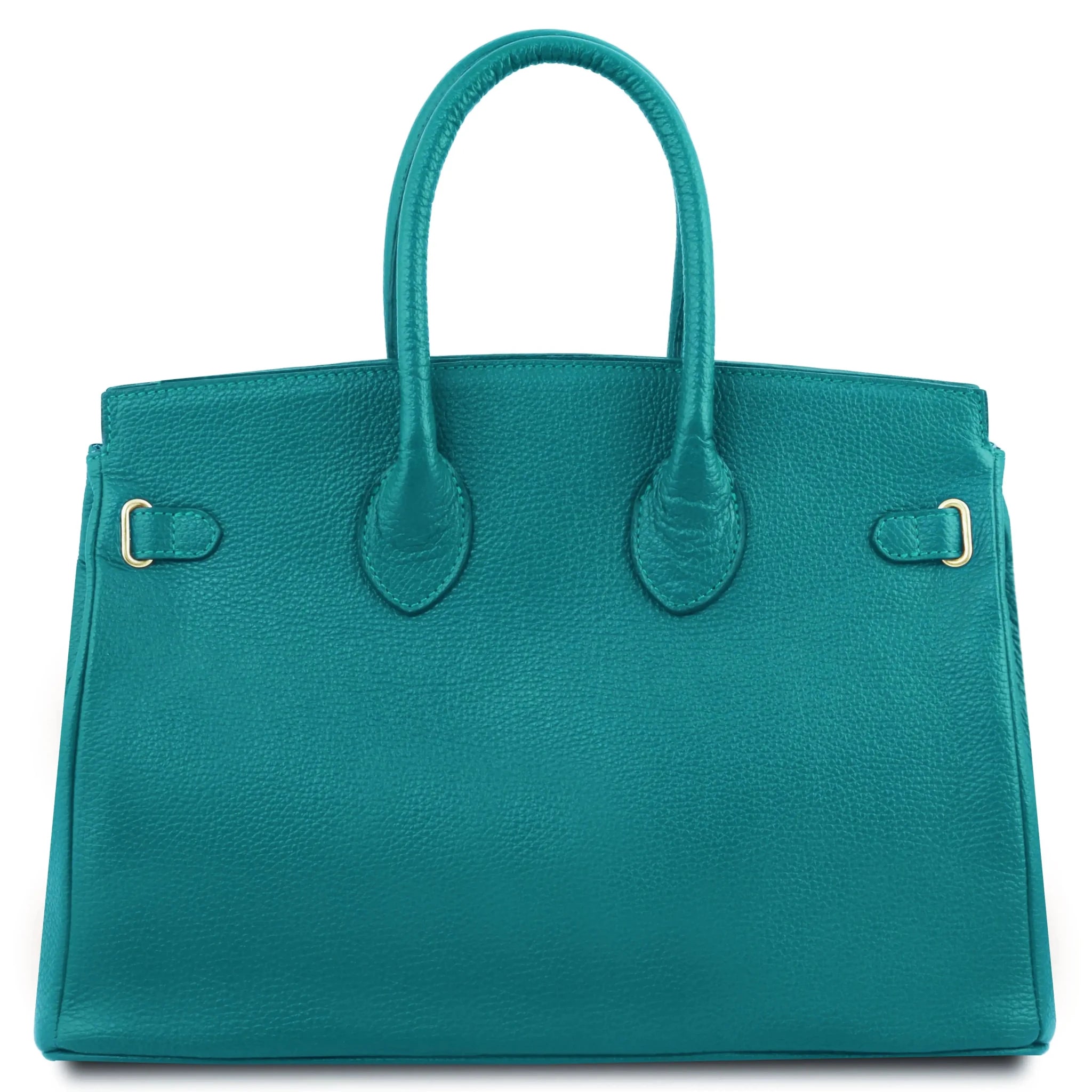 Back view TL Bag  in turquoise with back rounded gold buckle accent