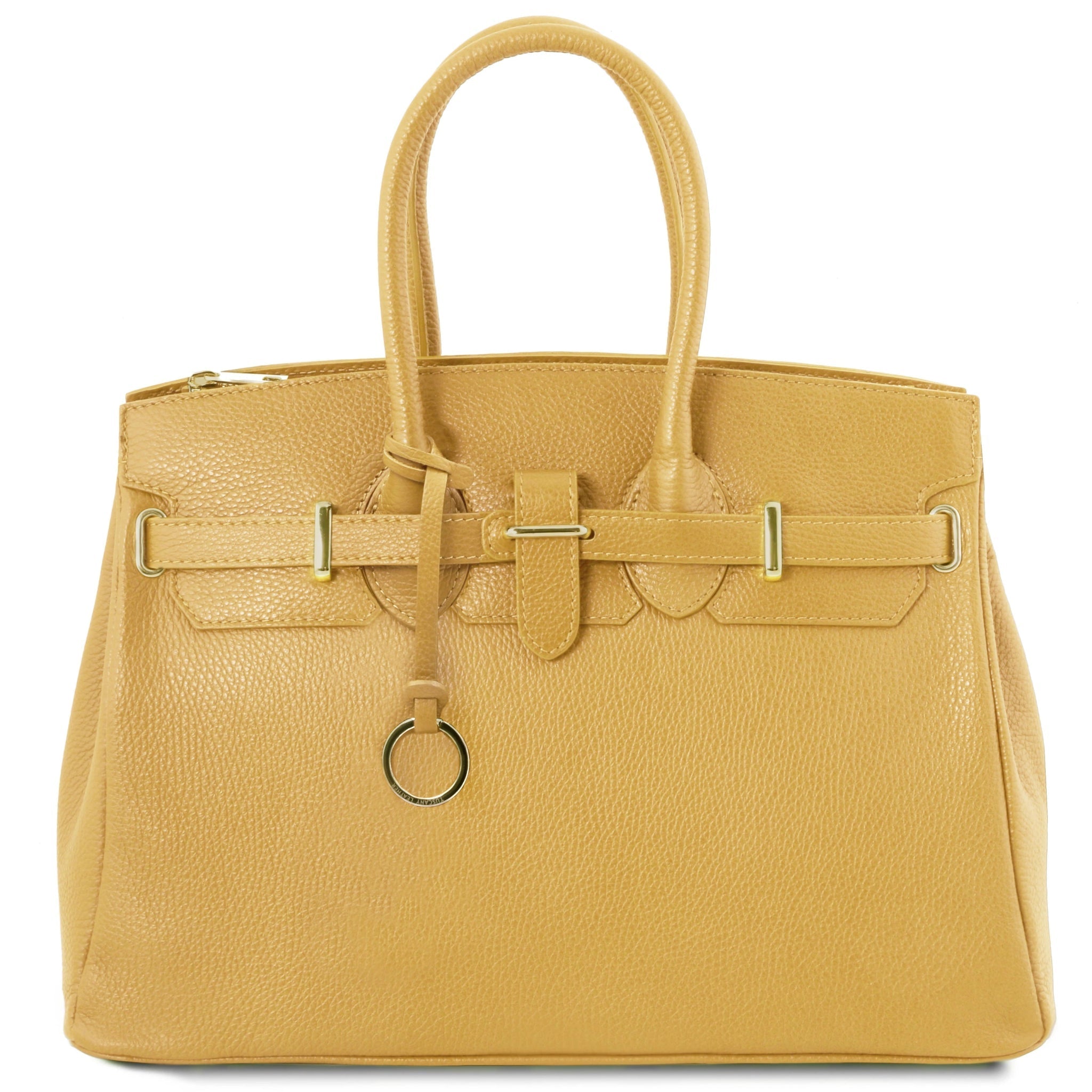 TL Italian Leather Handbag with Golden Hardware in pastel yellow, front view, on white background 