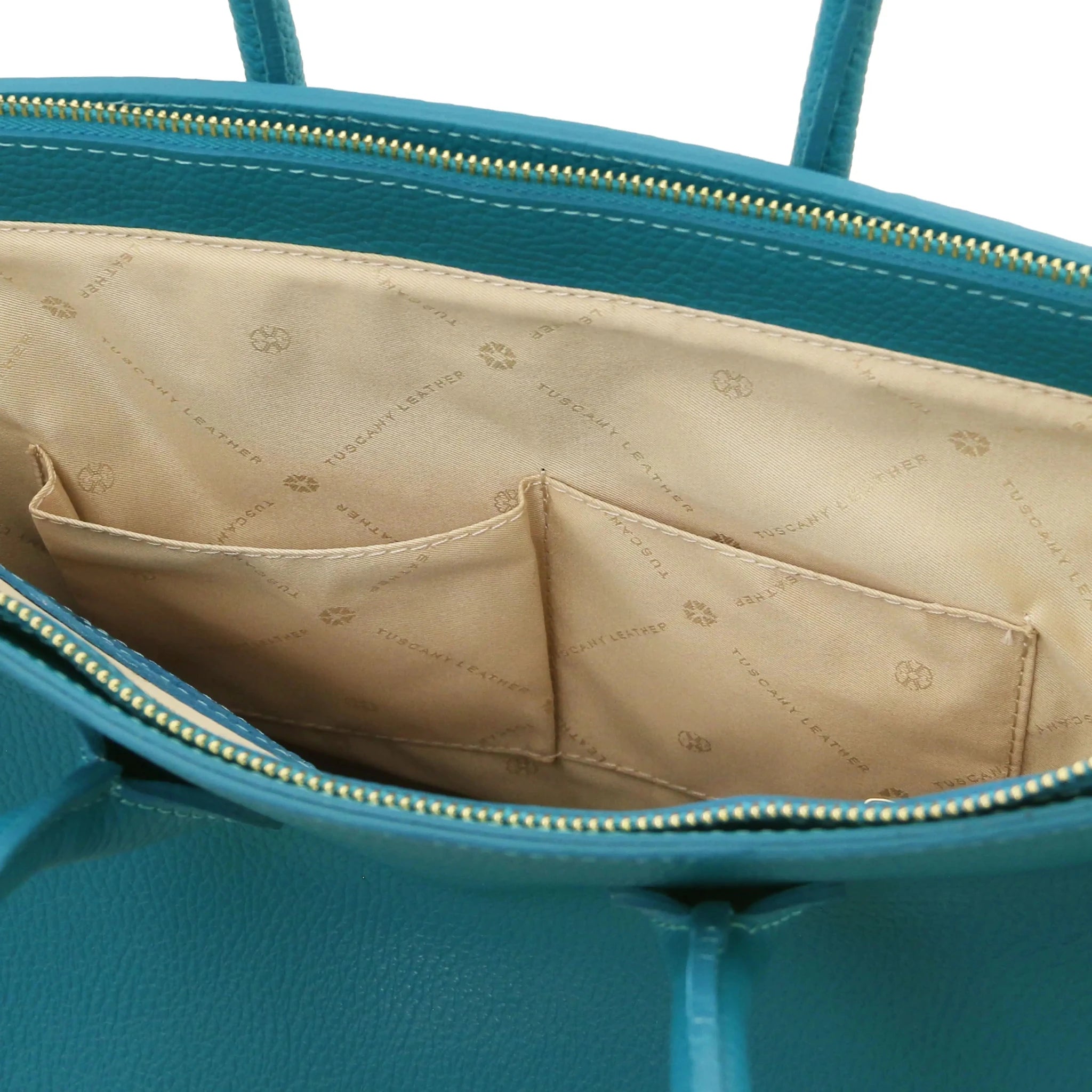 Interior double open pocket view TL Bag Italian Leather Handbag in turquoise with  light beige lining