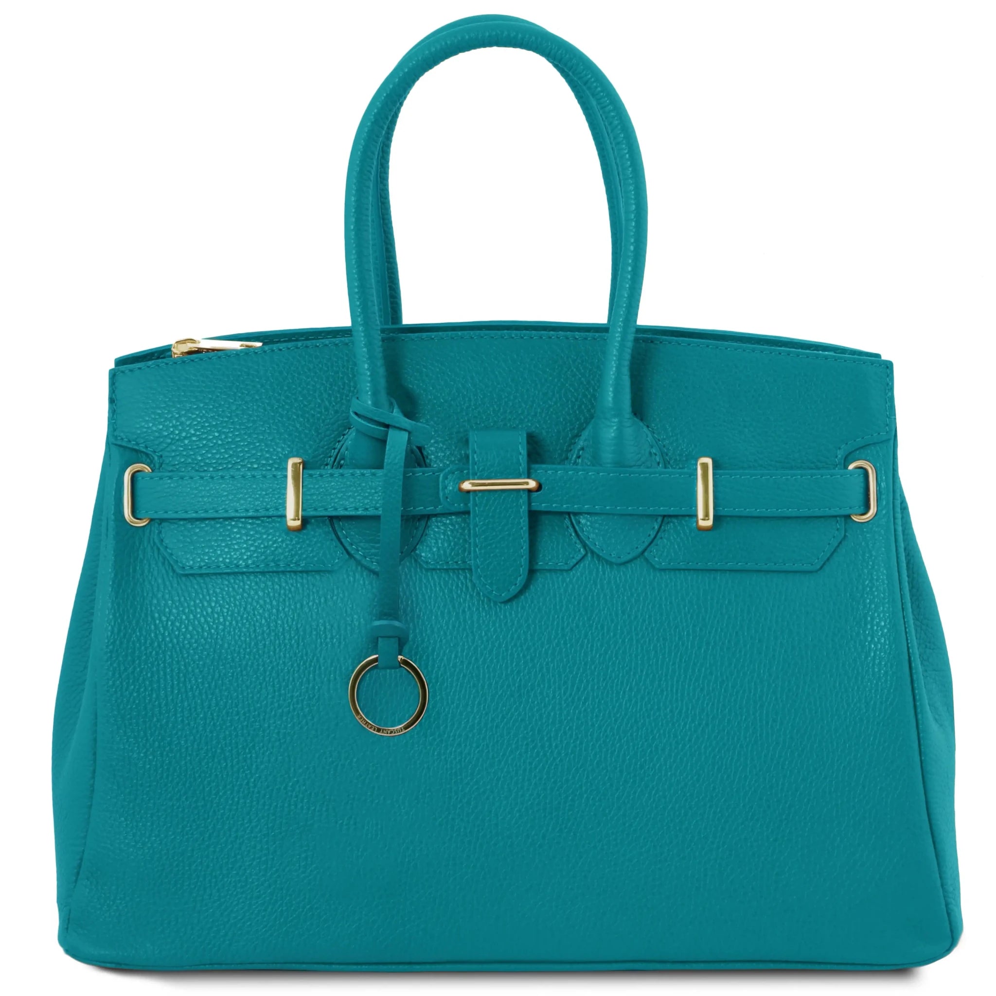 Front view TL Bag in turquoise with circle metal accent hanging from sculpted front Handle