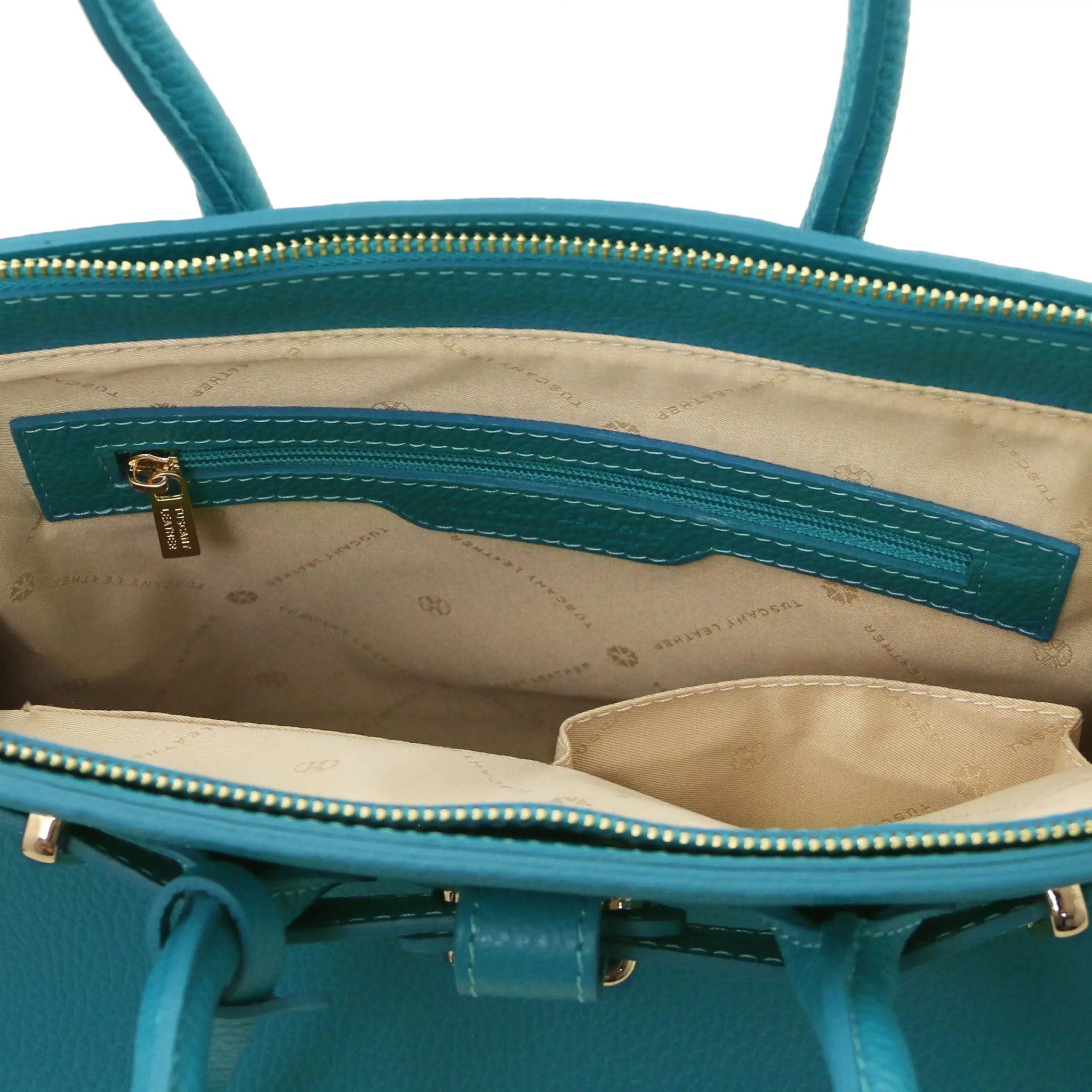 Interior zip pocket view TL Bag Italian Leather Handbag in turquoise with light beige lining