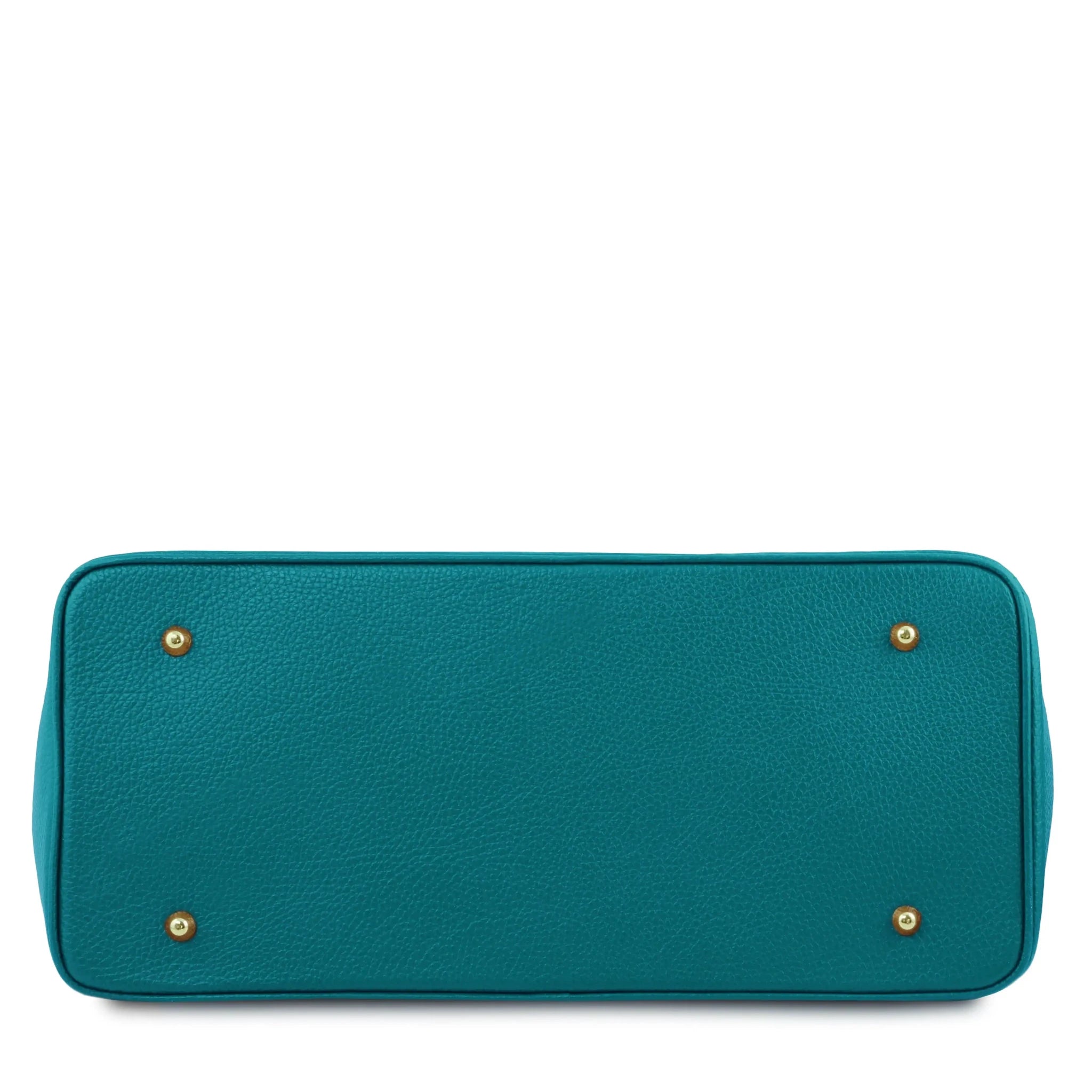 Bottom view TL Bag Italian Leather Handbag in turquoise with four protective golden feet