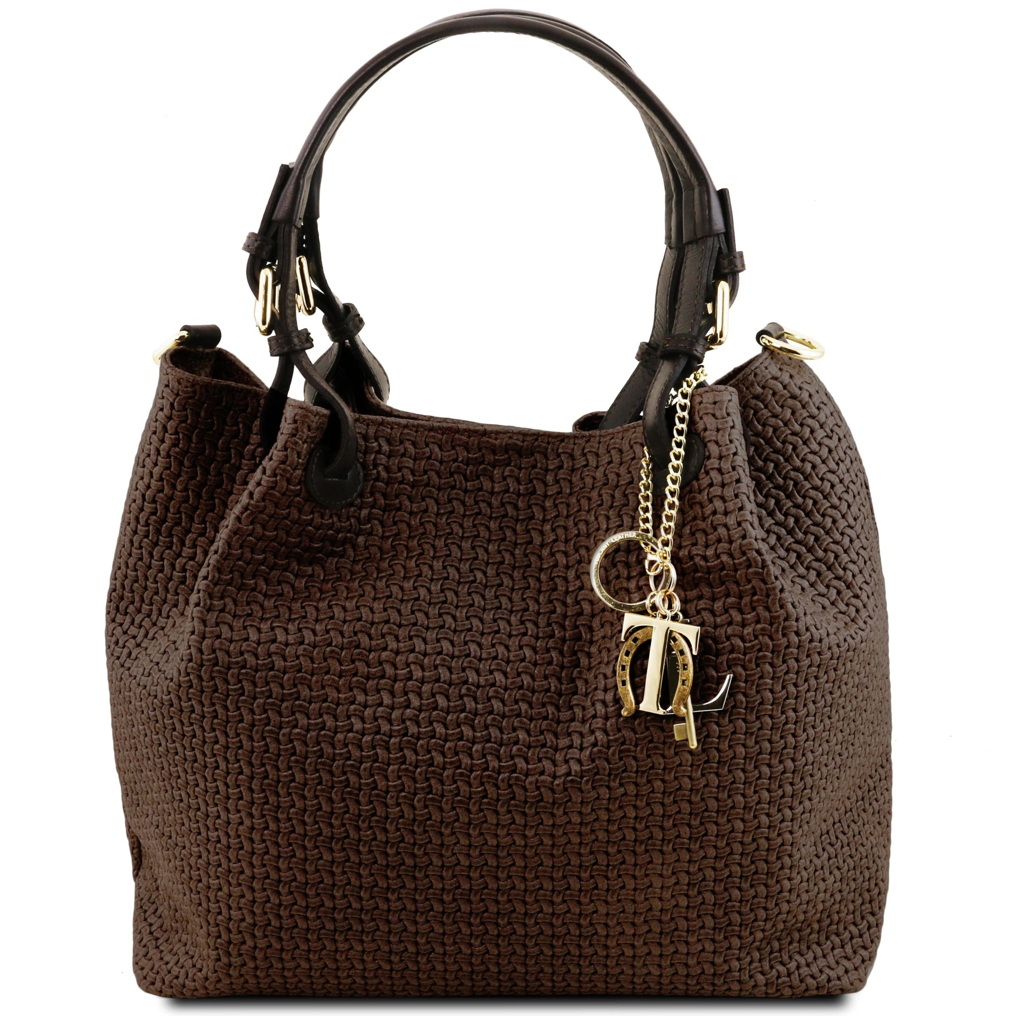 TL Keyluck Woven Printed Italian Leather Shopping Bag in Dark Brown Front View 