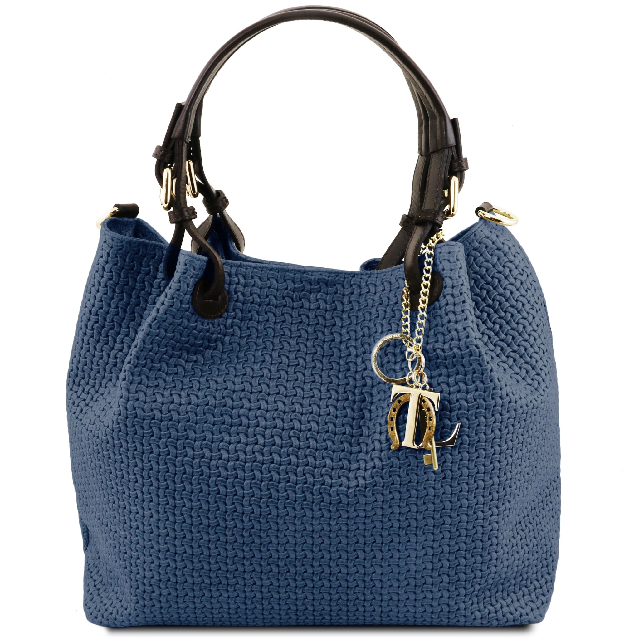 TL Keyluck Woven Printed Italian Leather Shopping Bag in Dark Blue Front View 