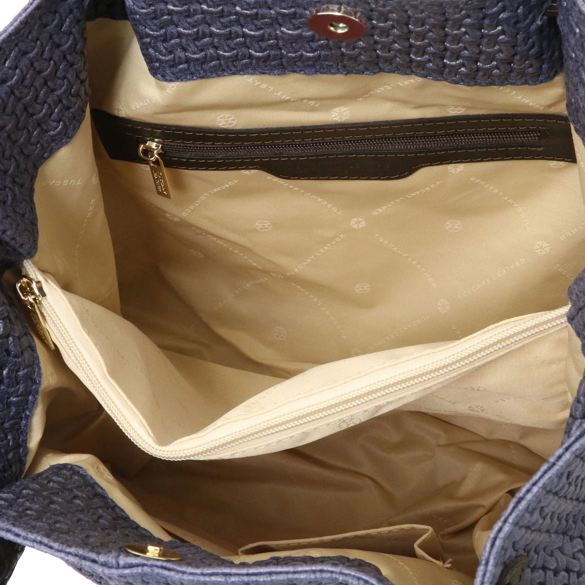 TL Keyluck Woven Printed Italian Leather Shopping Bag Dark Blue Interior Zip Pocket View 