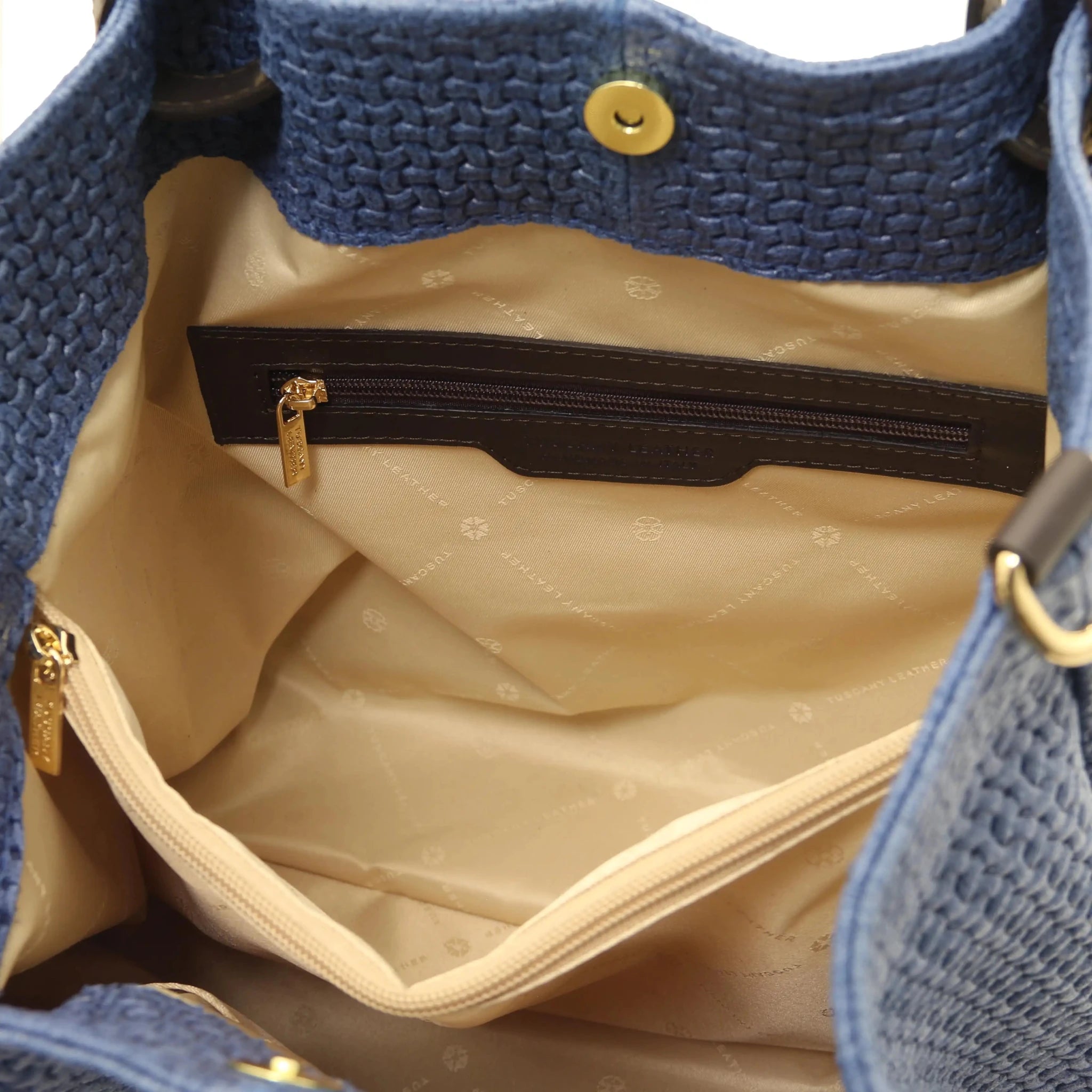 Interior pocket  view TL Keyluck Leather Shopping Bag in Denim with beige interior 