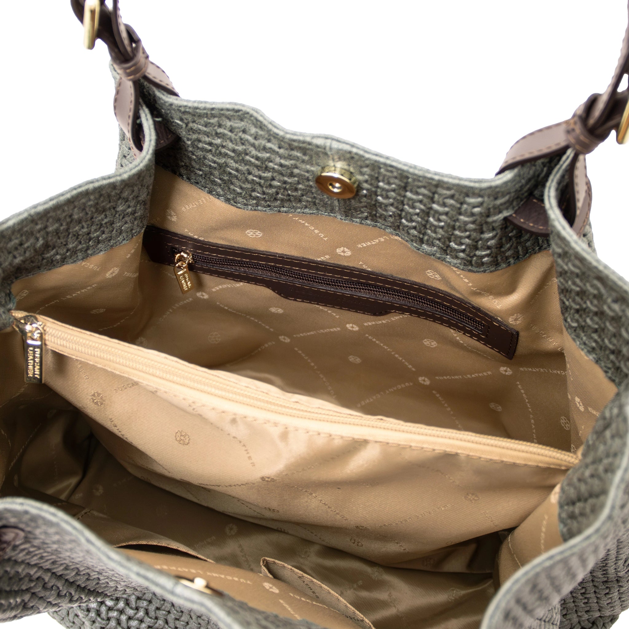 TL Keyluck Woven Printed Leather Shopping Bag  Forest Green Interior Zippered Pocket View 