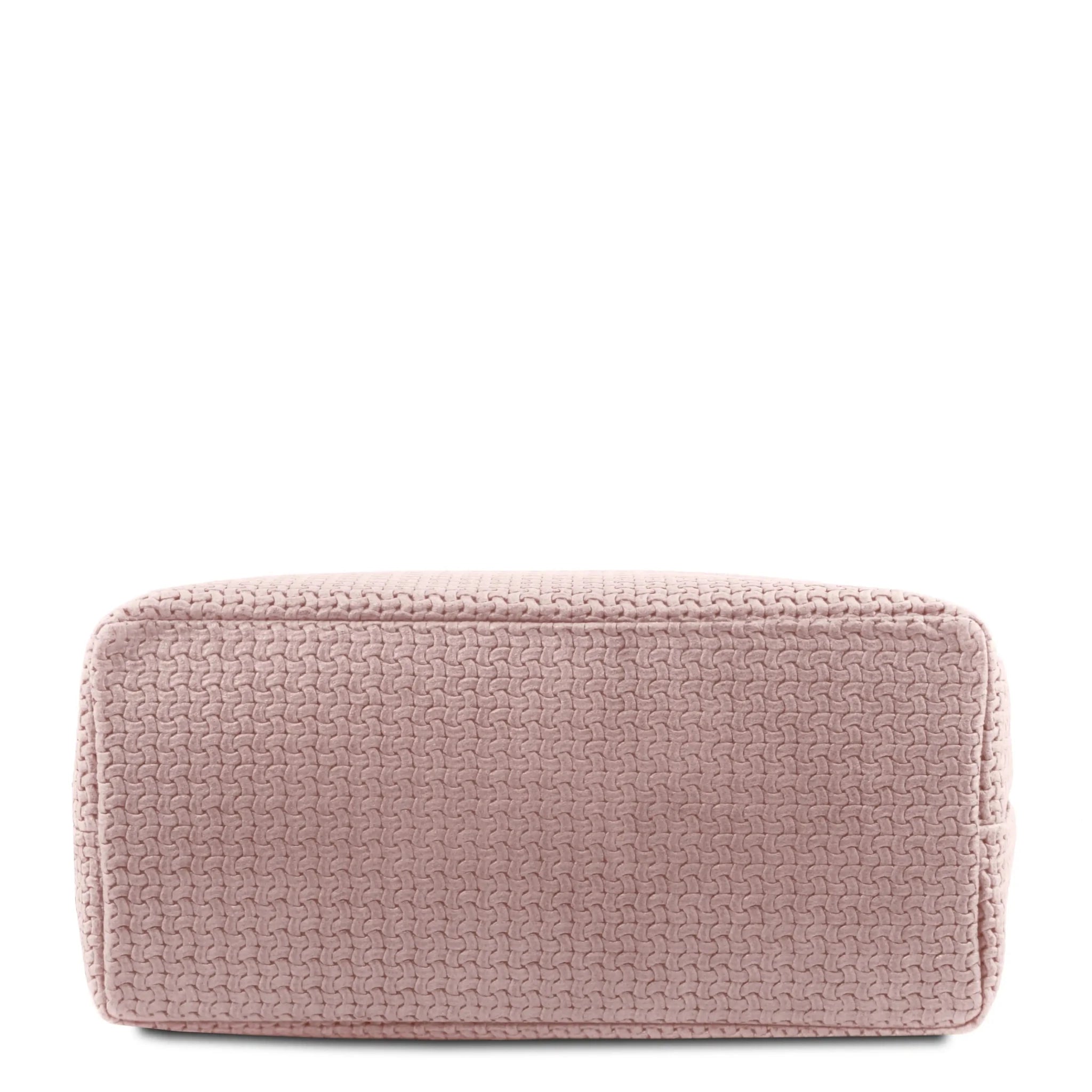 Bottom view of the TL Keyluck Woven Printed Leather Shopping Bag in Nude on a white background