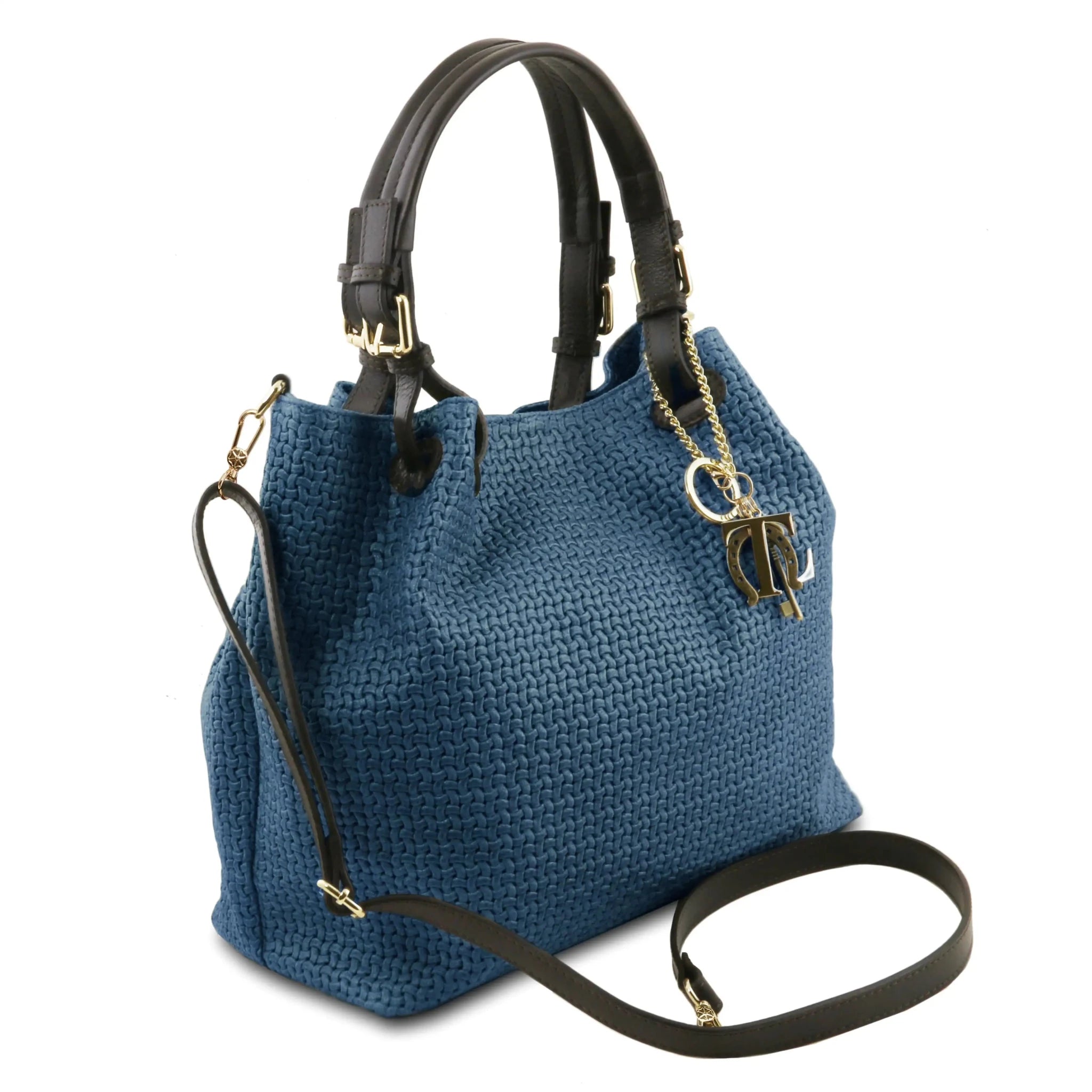 Side view of the TL Keyluck Woven Printed Leather Shopping Bag in Beige on a white background