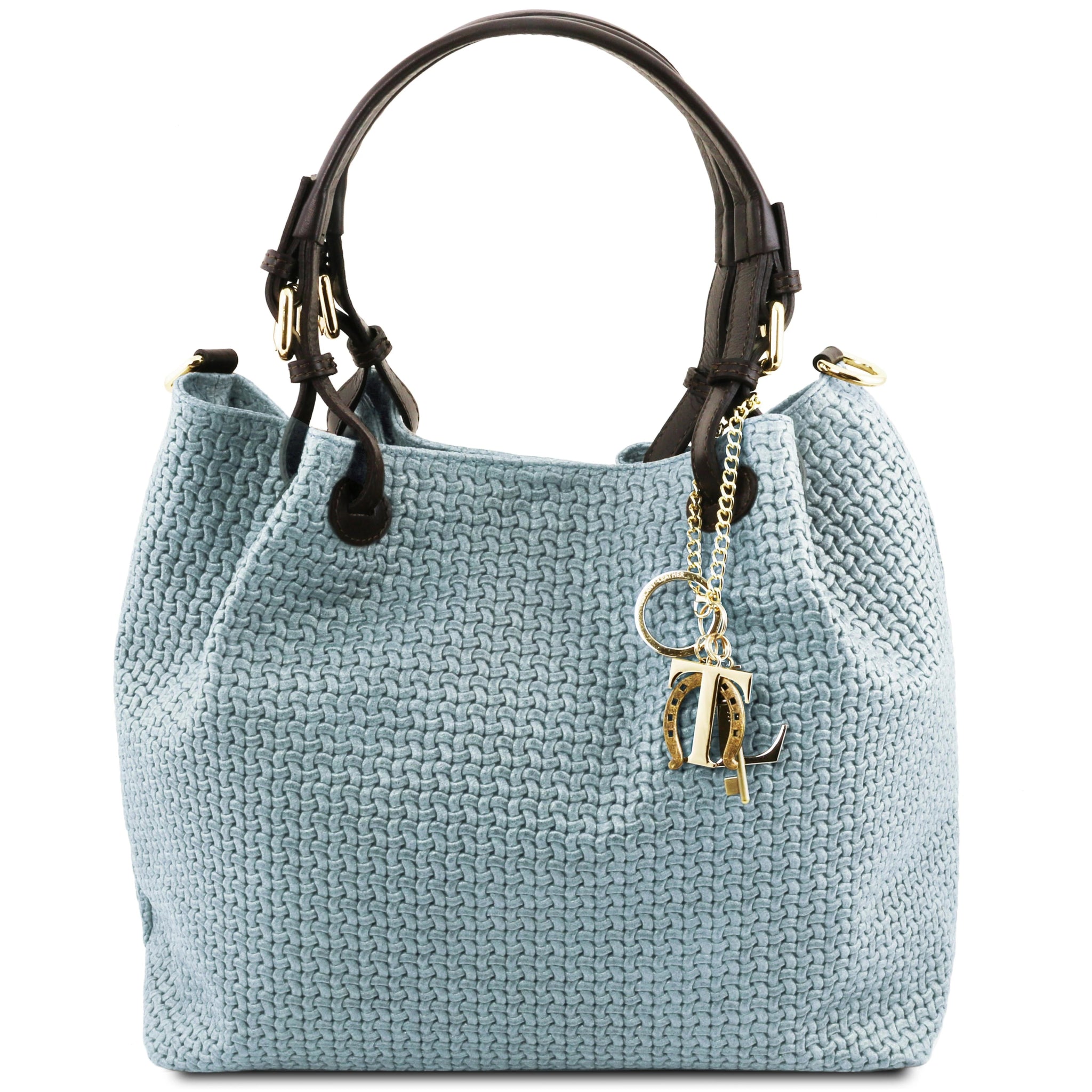 Front view of the TL Keyluck Woven Printed Leather Shopping Bag in Light Blue on a white background