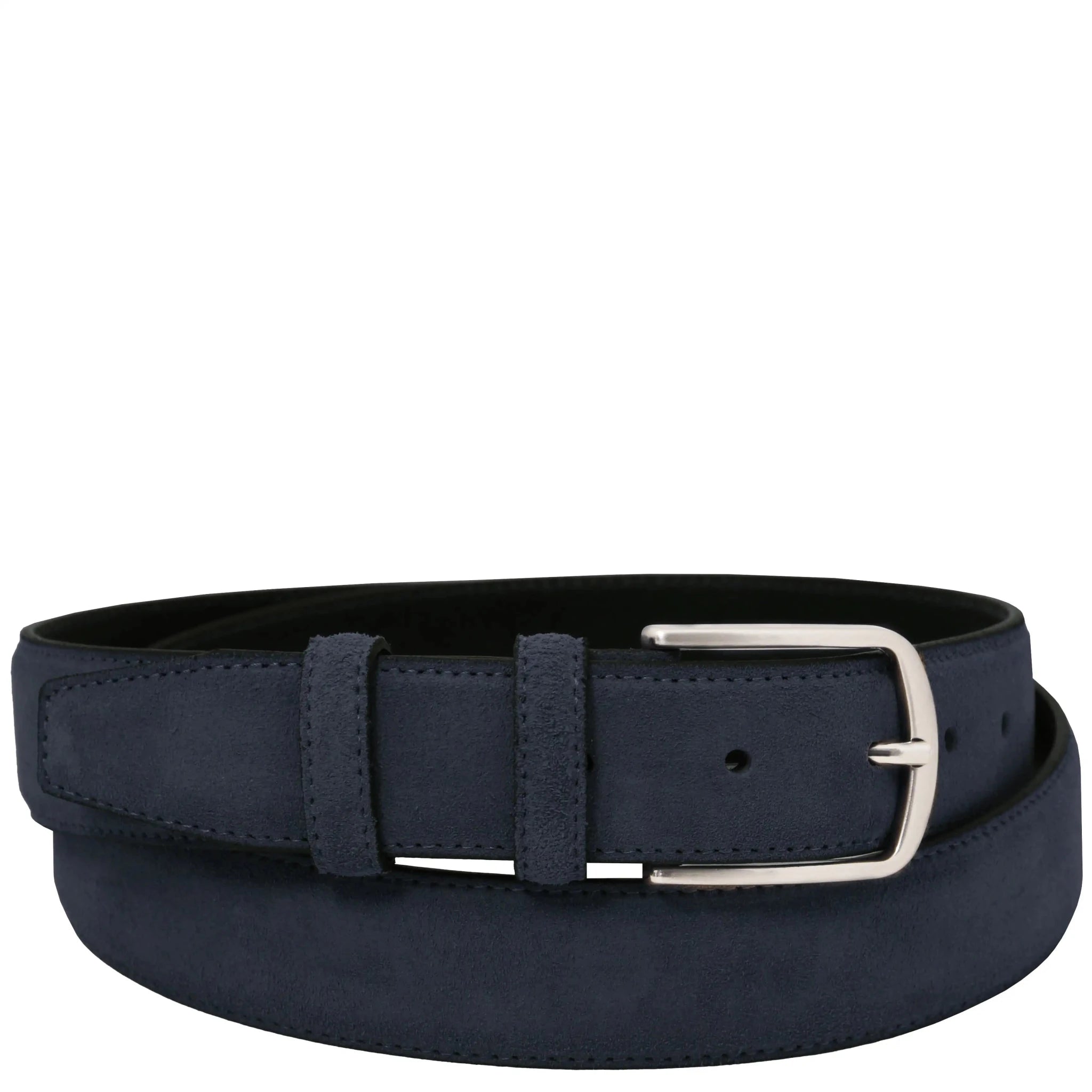 Navy blue belt with a silver buckle on a white background
