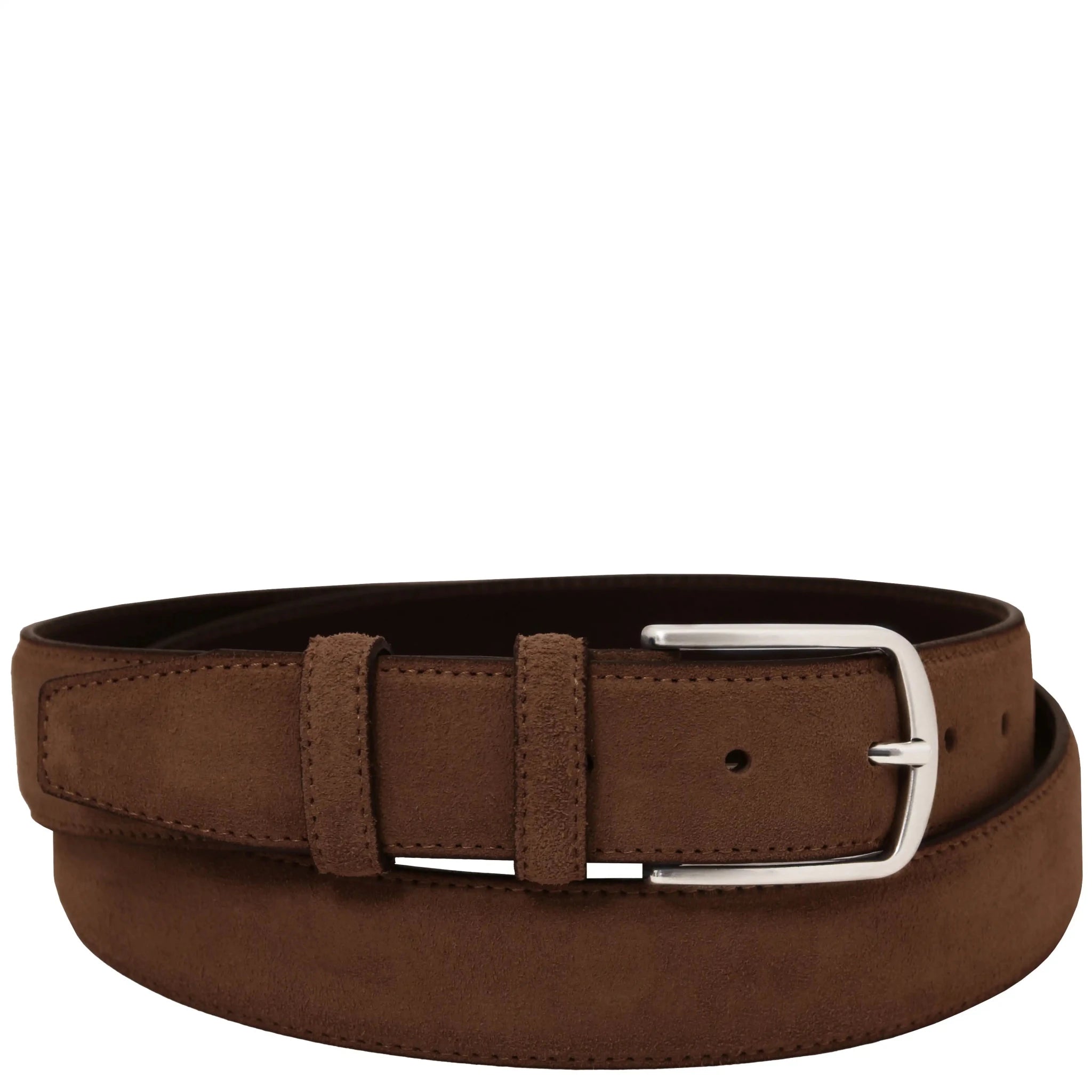 Brown leather belt with a silver buckle on a white background