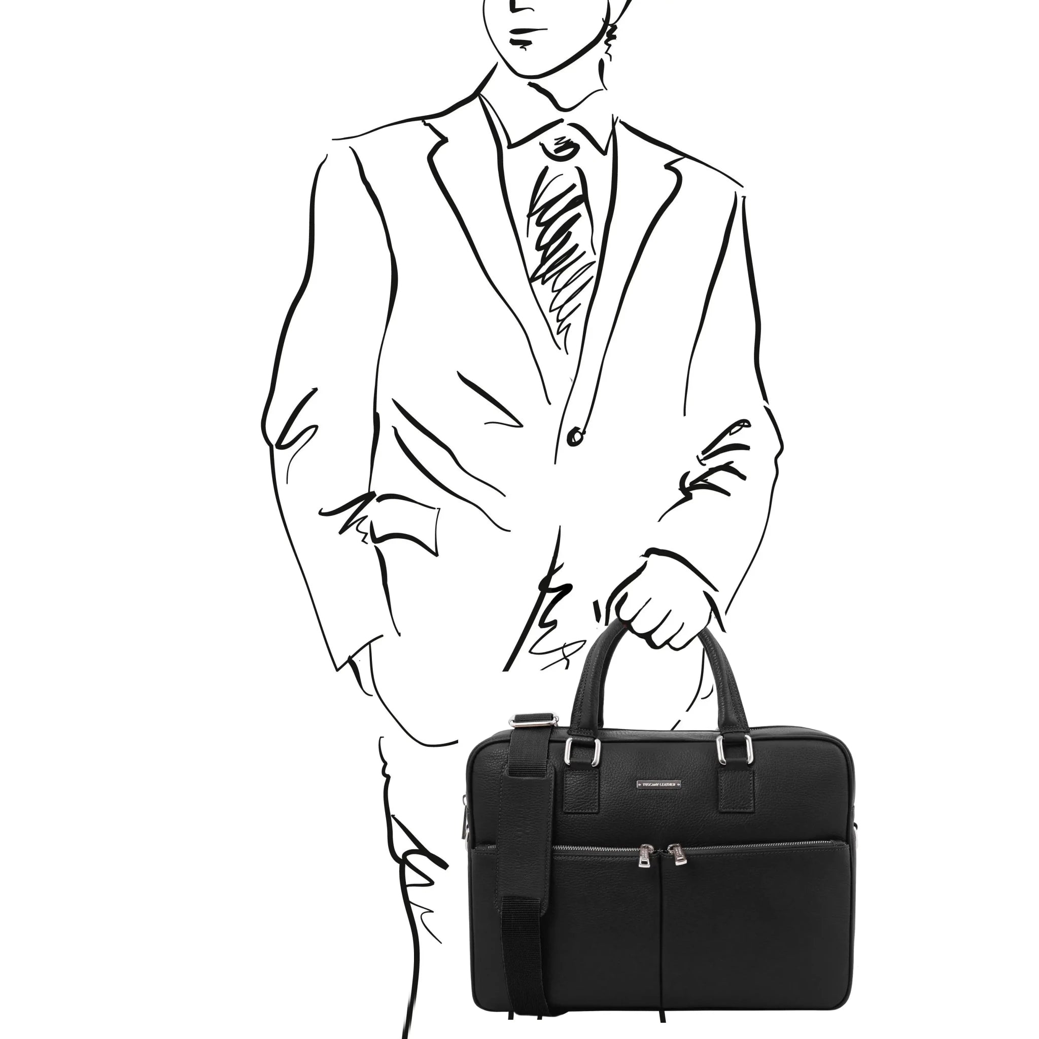 Black and white sketch of man holding black Treviso Italian Leather Laptop Briefcase